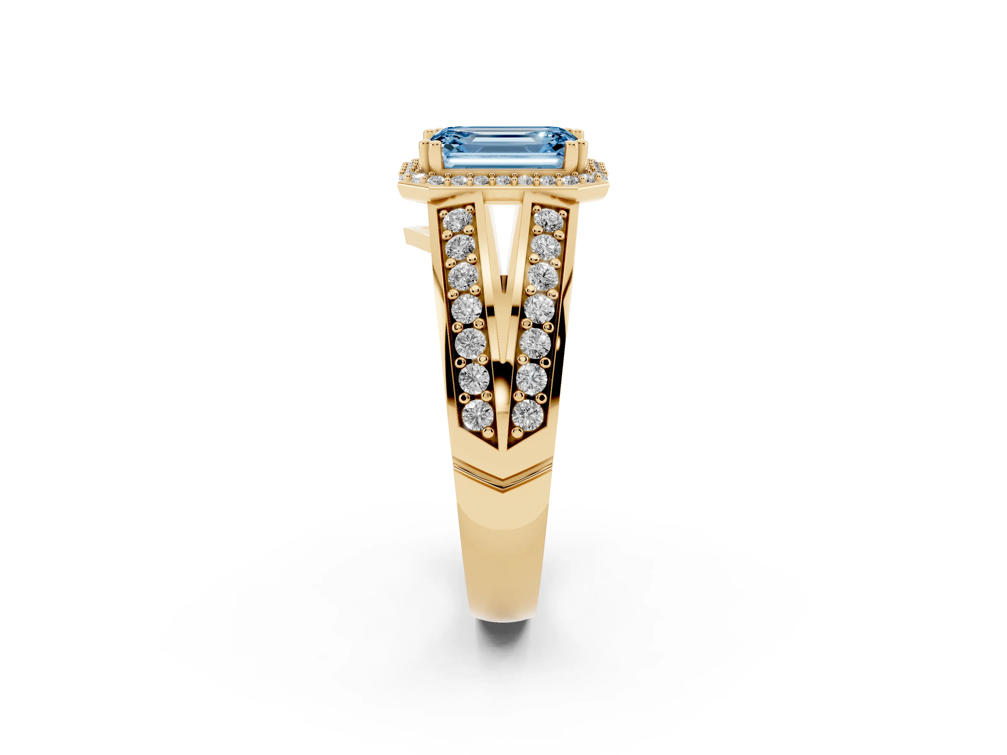Fancy Blue Emerald Cut Diamond Halo Ring Set in Yellow gold with Double Pavé Split Shank