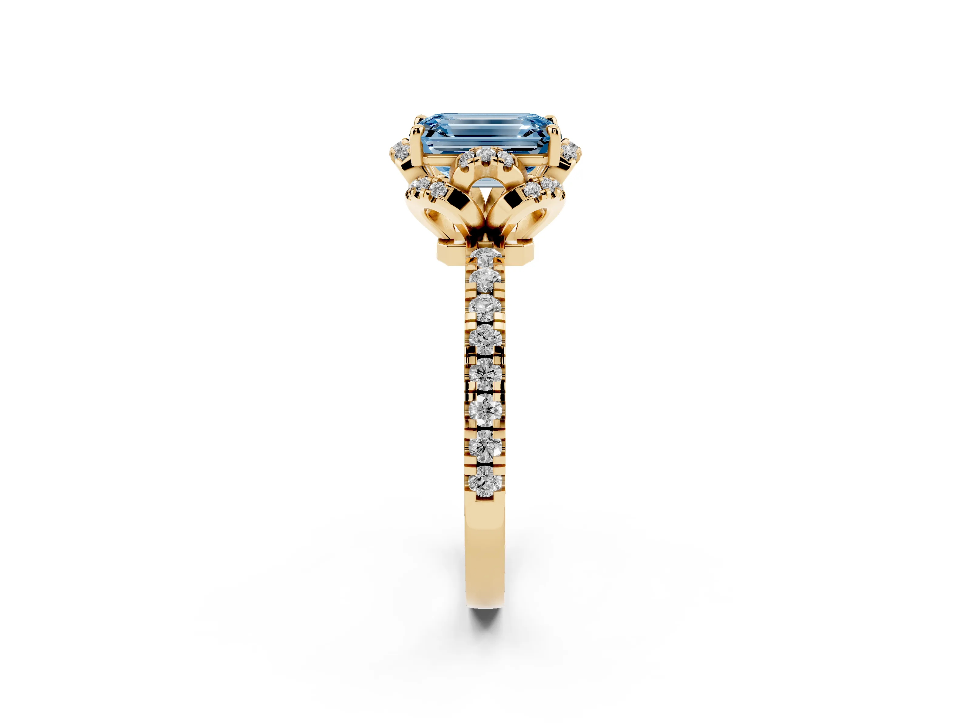 Fancy Blue Emerald Cut Diamond Halo Pavé Band Ring Set in Yellow gold with Prong-Held Center