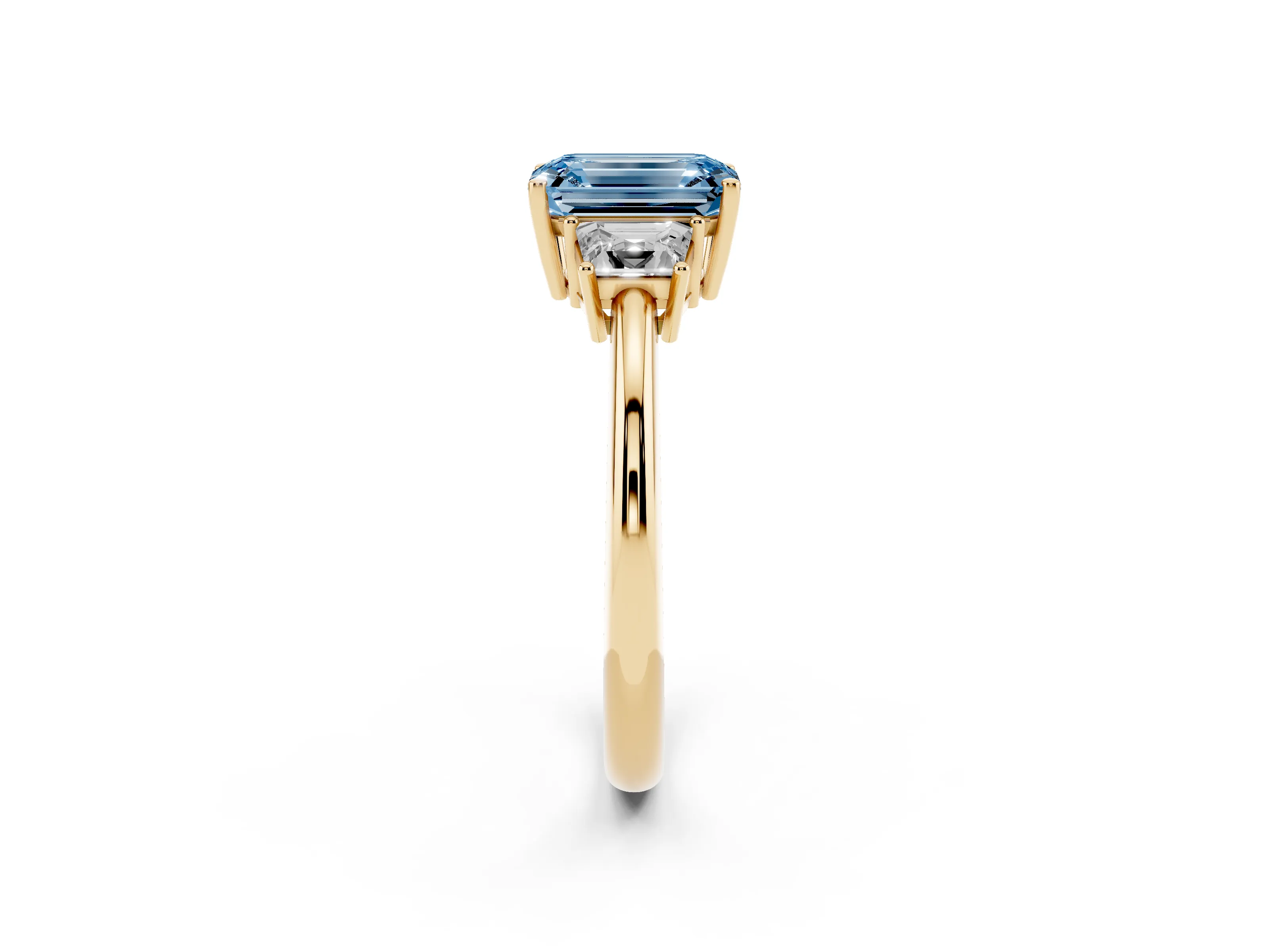 Fancy Blue Emerald Cut Diamond Three-Stone Ring Set in Yellow gold with Trapezoid Side Stones and Prong Setting
