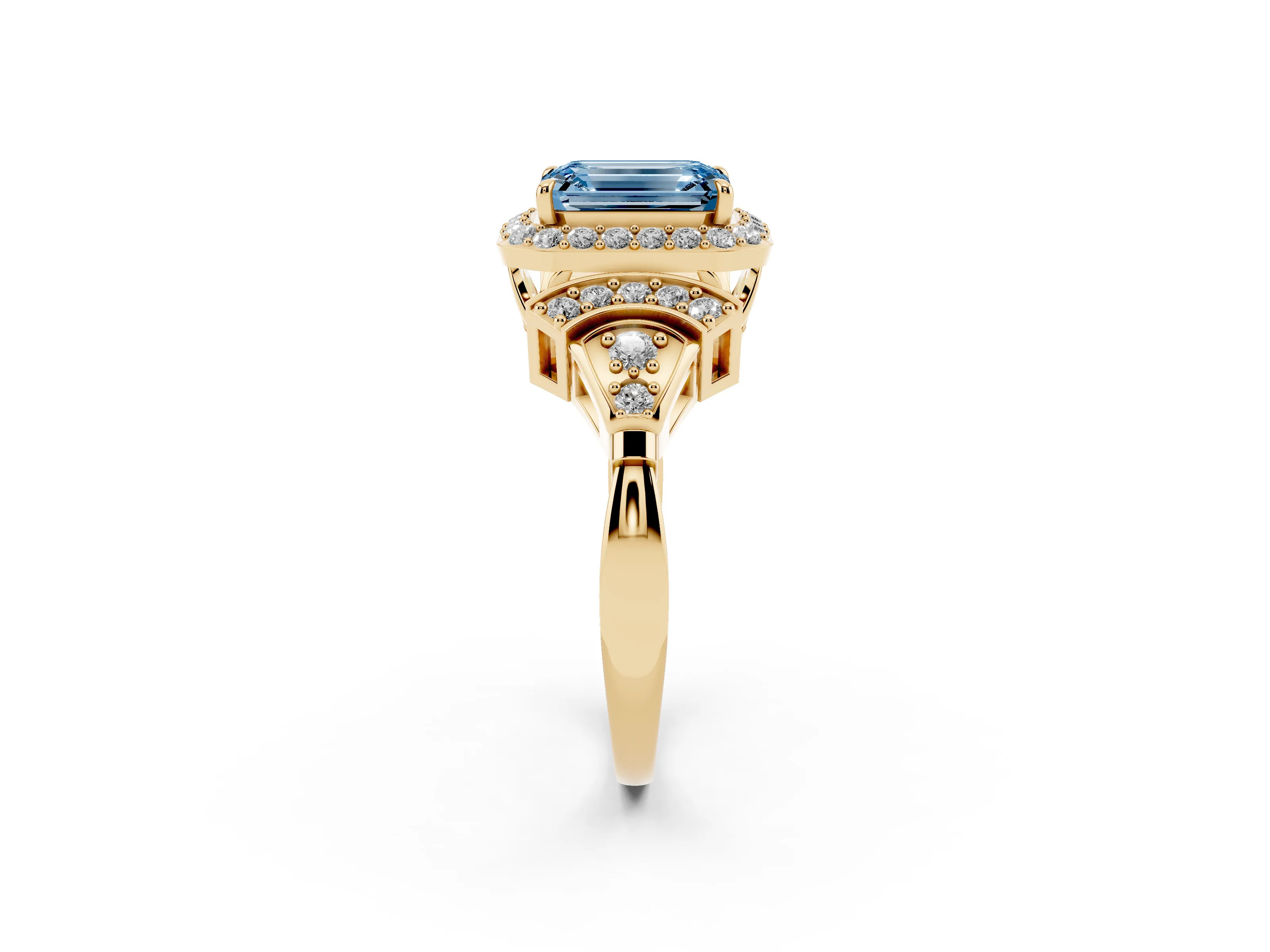 Fancy Blue Emerald Cut Diamond Halo Engagement Ring Set in Yellow gold with Accent Stone Split Shank