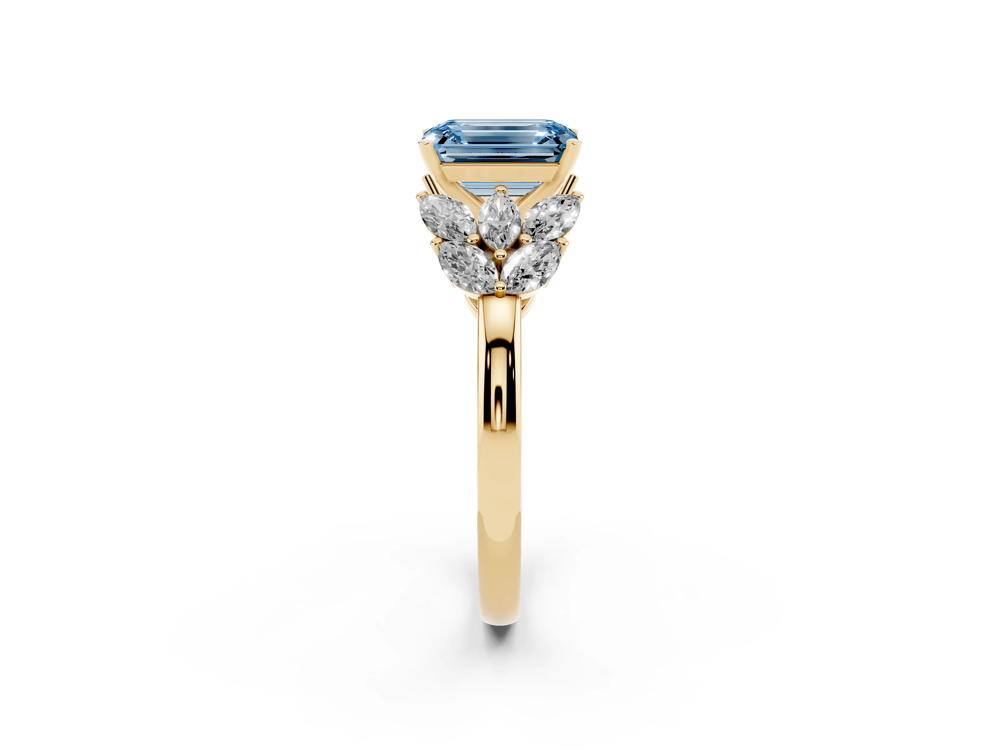 Fancy Blue Emerald Cut Diamond Cluster Leaf Design Ring Set in Yellow gold with Prong Setting