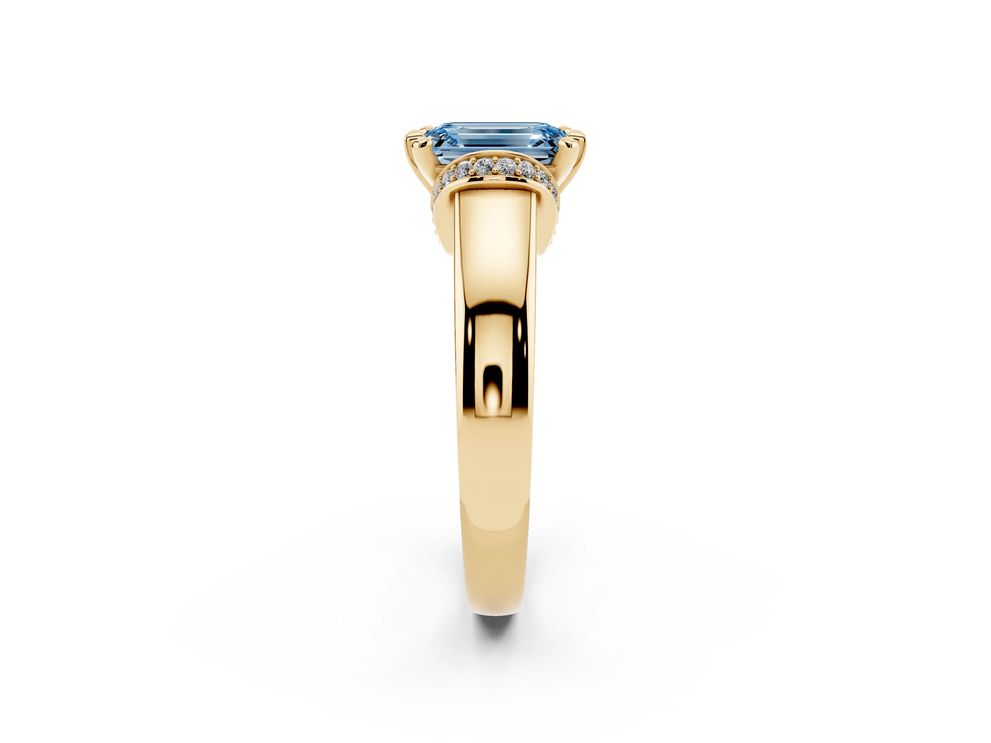 Fancy Blue Emerald Cut Diamond Pavé Band Solitaire Ring Set in Yellow gold with Prong Setting
