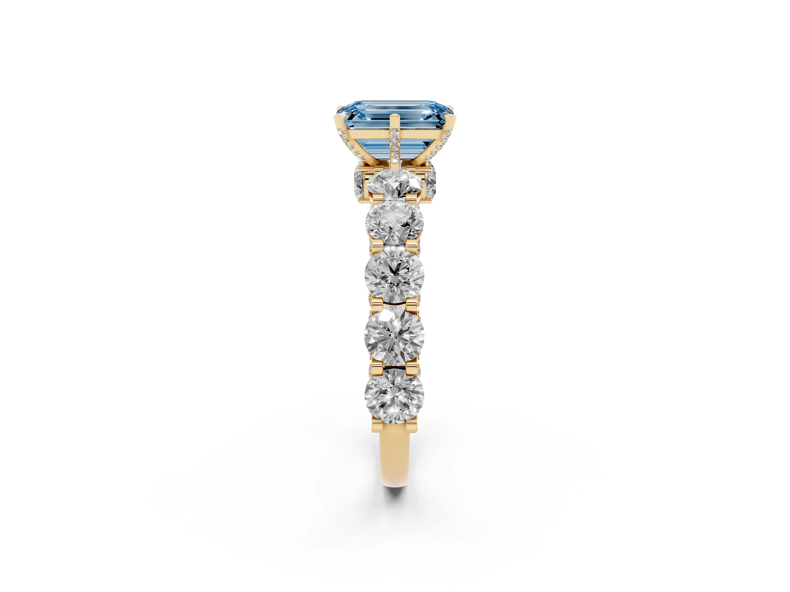 Fancy Blue Emerald Cut Diamond Side Stone Ring Set in Yellow gold with Alternating Round and Oval Side Stones