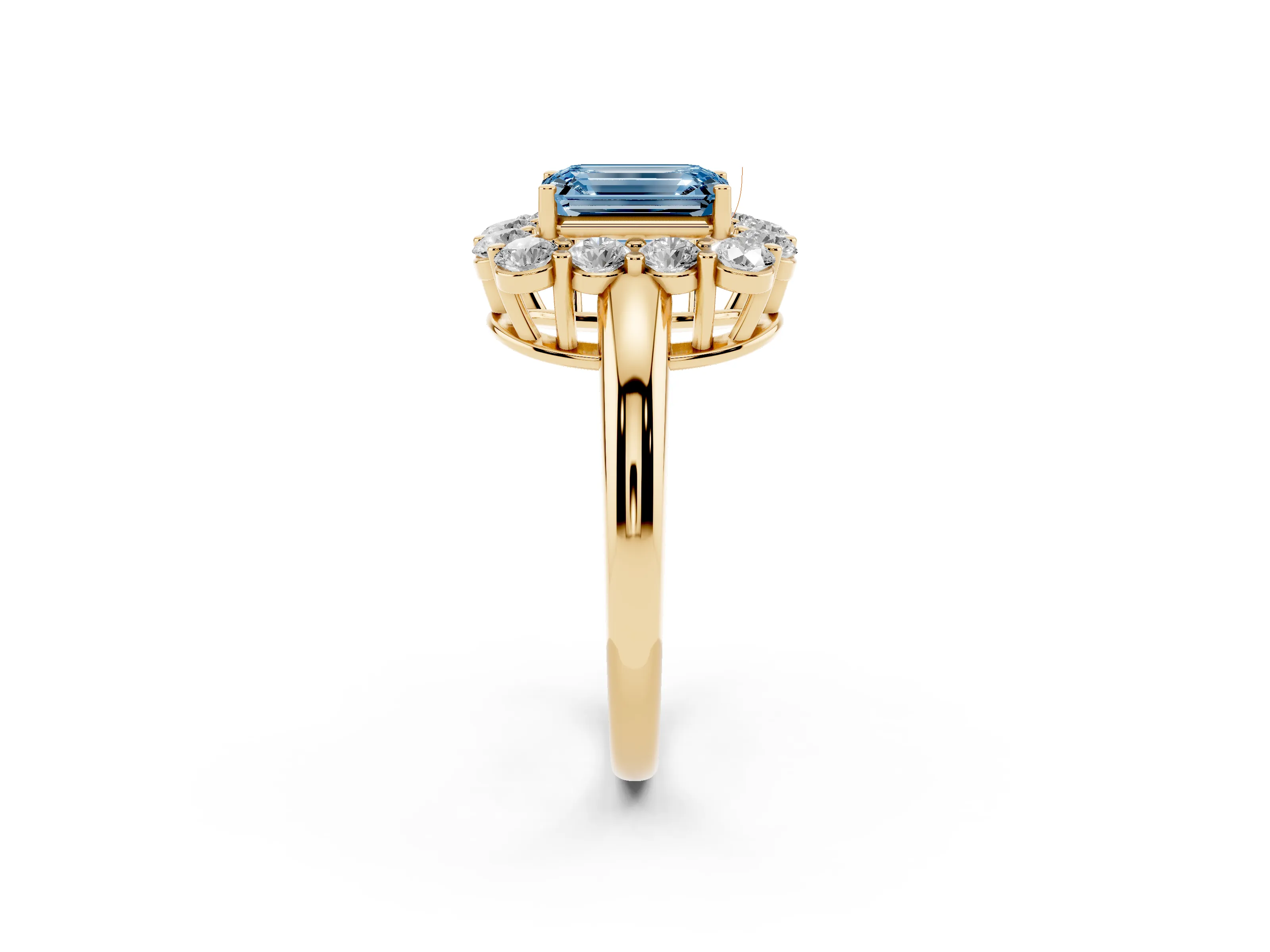 Fancy Blue Emerald Cut Diamond Halo Cluster Engagement Ring Set in Yellow gold with Polished Band and Prong Setting