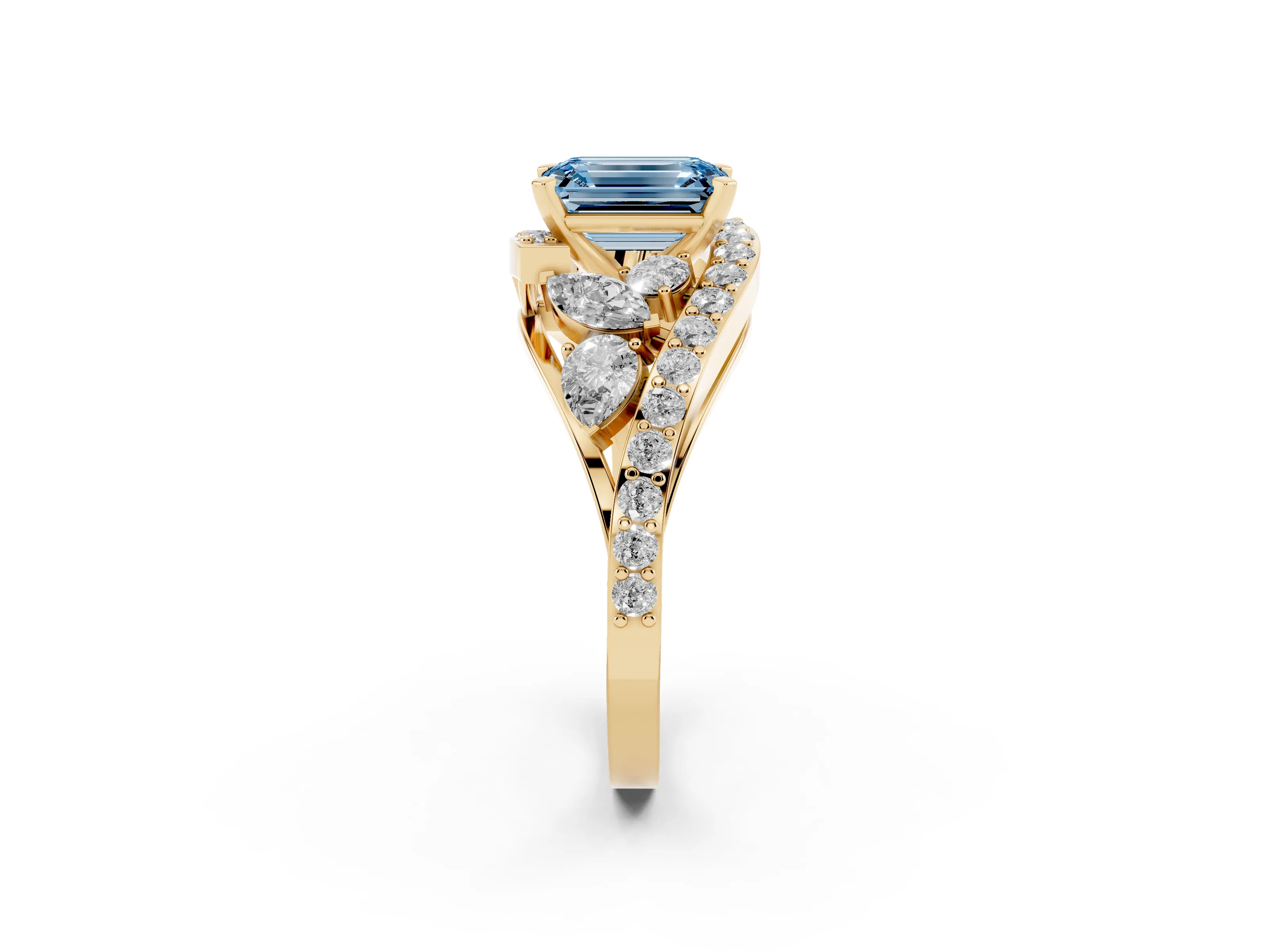 Fancy Blue Emerald Cut Diamond Halo Ring Set in Yellow gold with Marquise and Pavé Band in Prong Setting