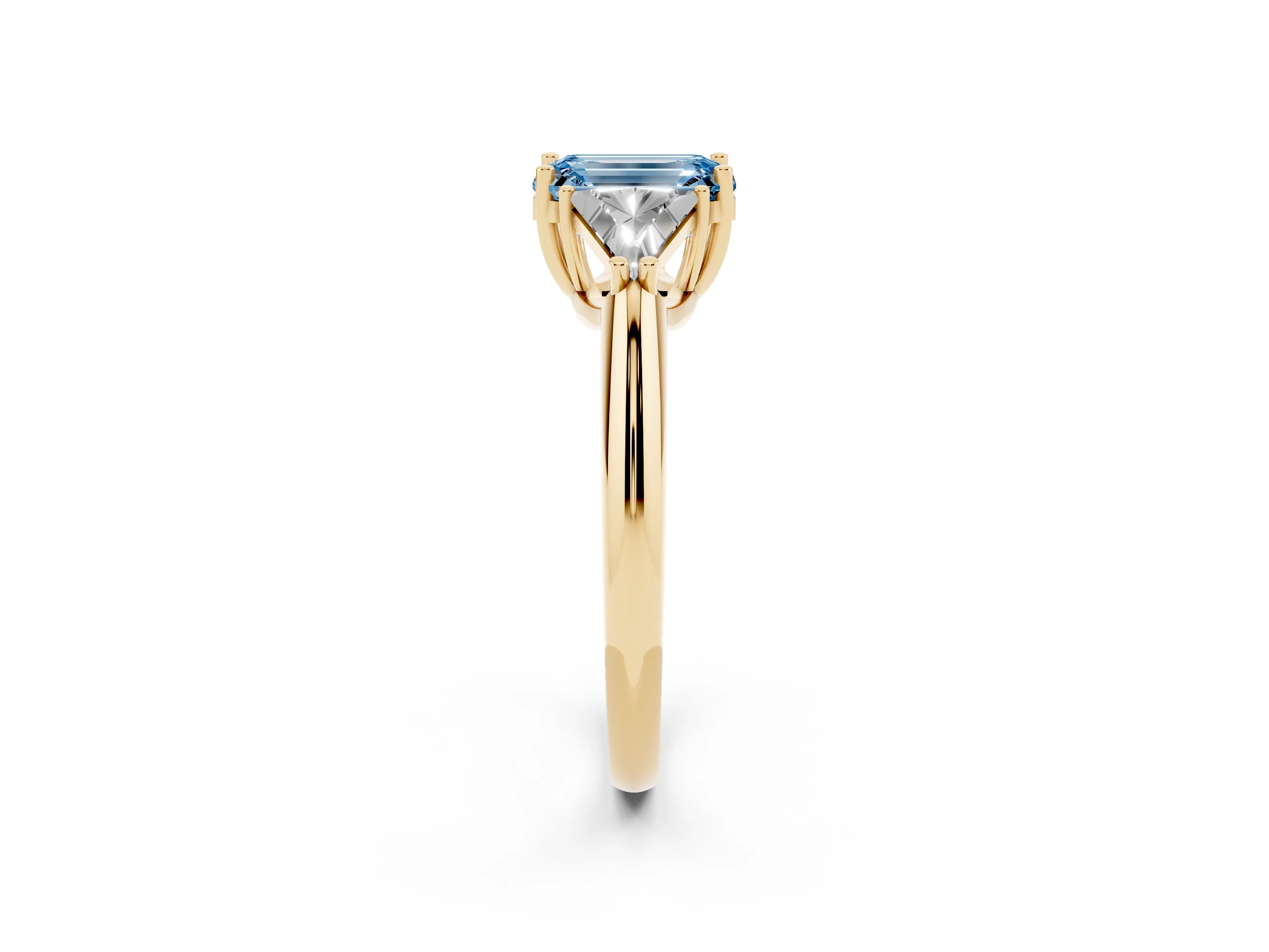 Fancy Blue Emerald Cut Diamond Three-Stone Engagement Ring Set in Yellow gold with Trillion Side Stones
