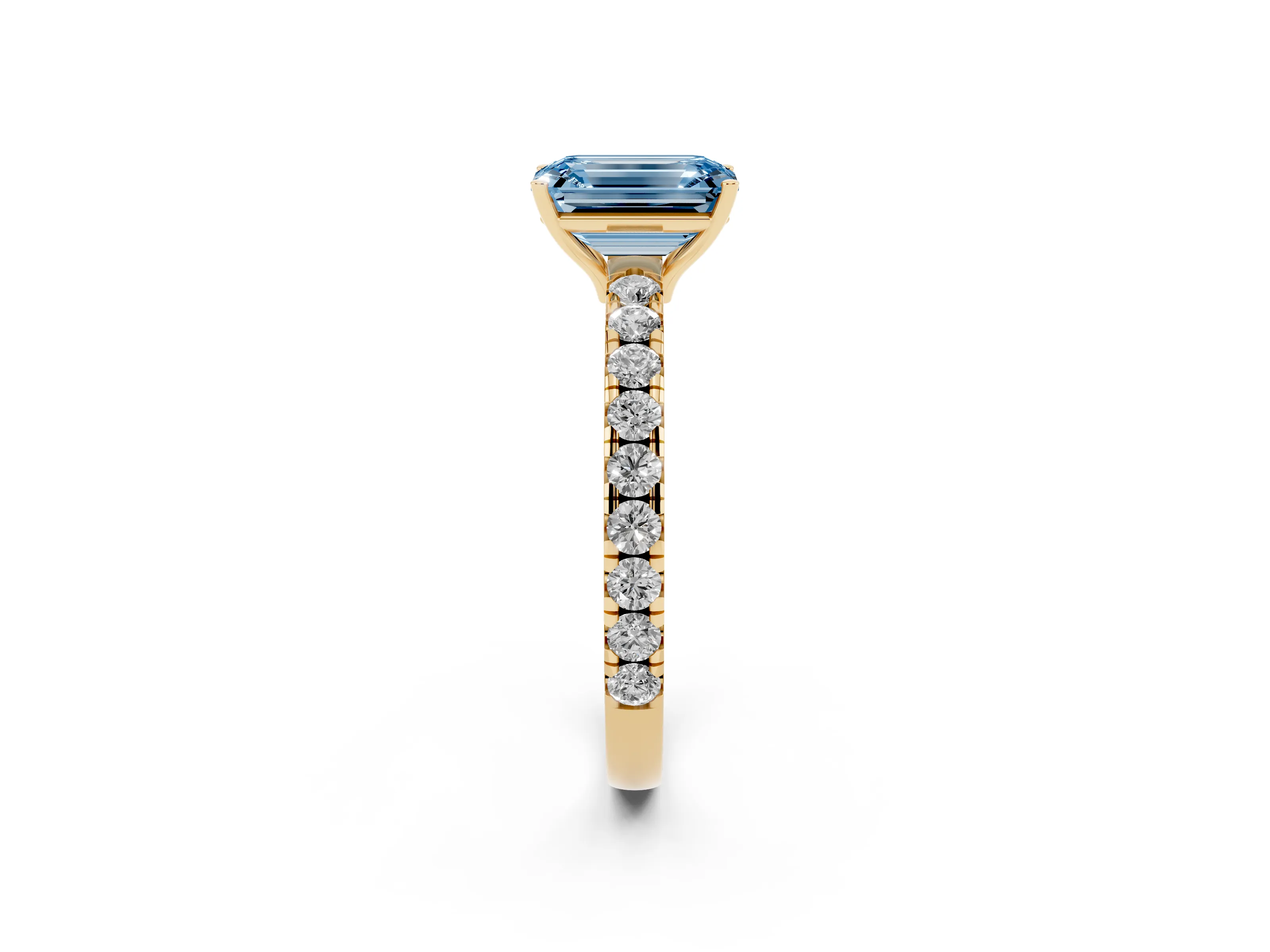 Fancy Blue Emerald Cut Diamond Pavé Solitaire Engagement Ring Set in Yellow gold with Prong Setting