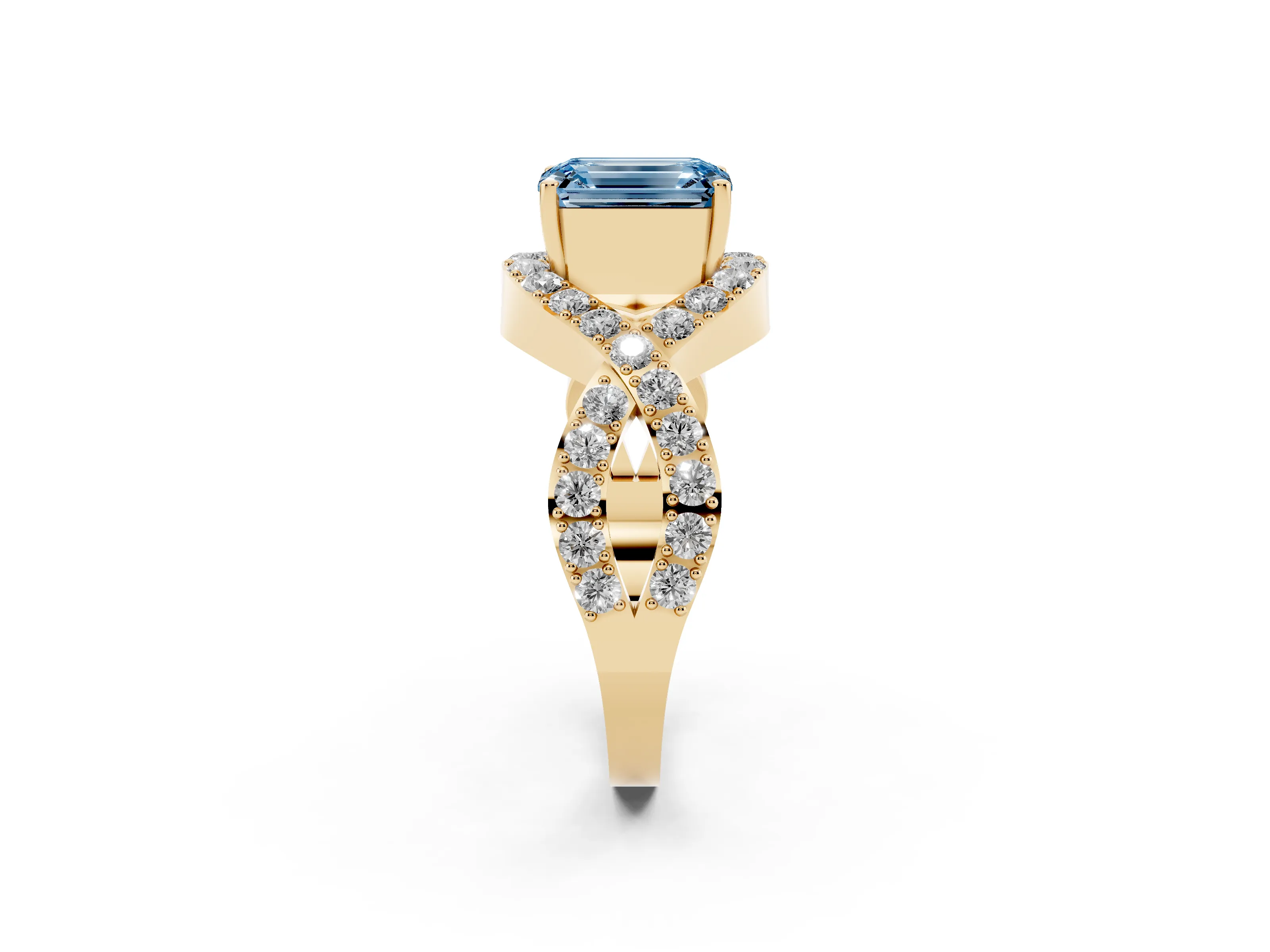 Fancy Blue Emerald Cut Diamond Solitaire Twist Band Pavé Engagement Ring Set in Yellow gold