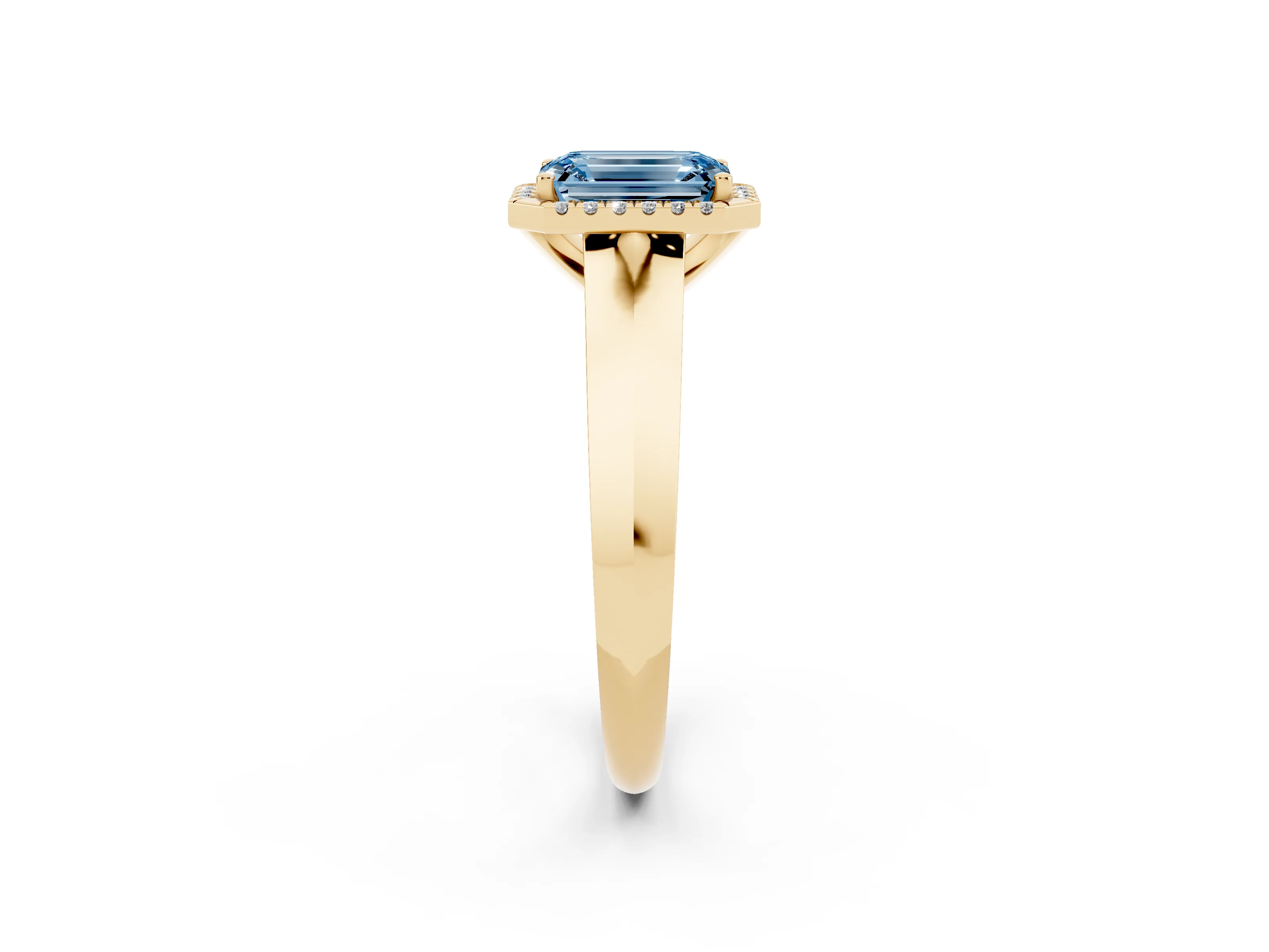 Fancy Blue Emerald Cut Diamond Halo Ring Set in Yellow gold with Cathedral Band and Prong Setting