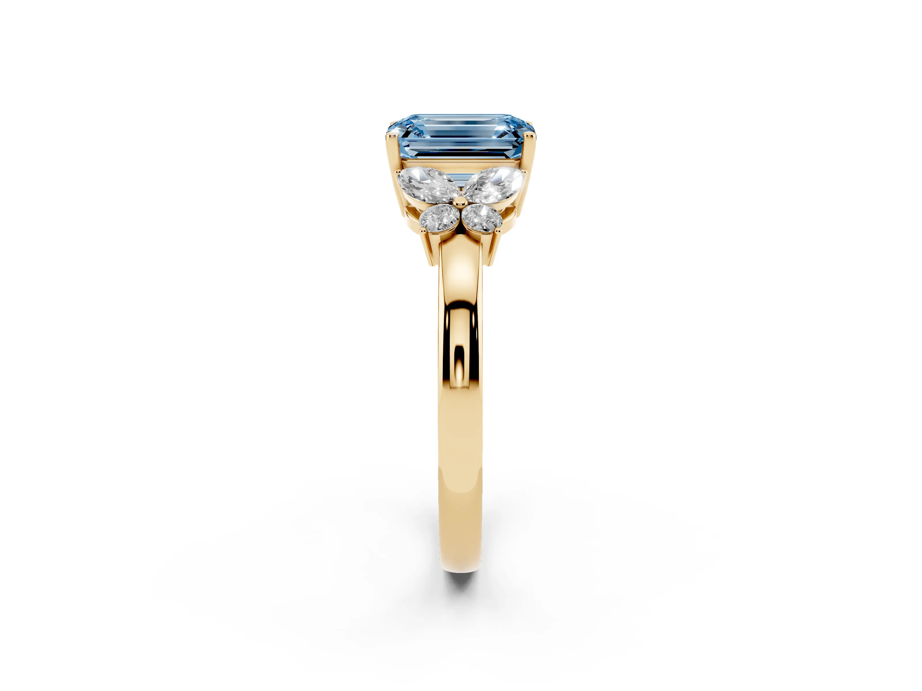 Fancy Blue Emerald Cut Diamond Solitaire Floral Ring Set in Yellow gold with Marquise Petals and Prong Setting