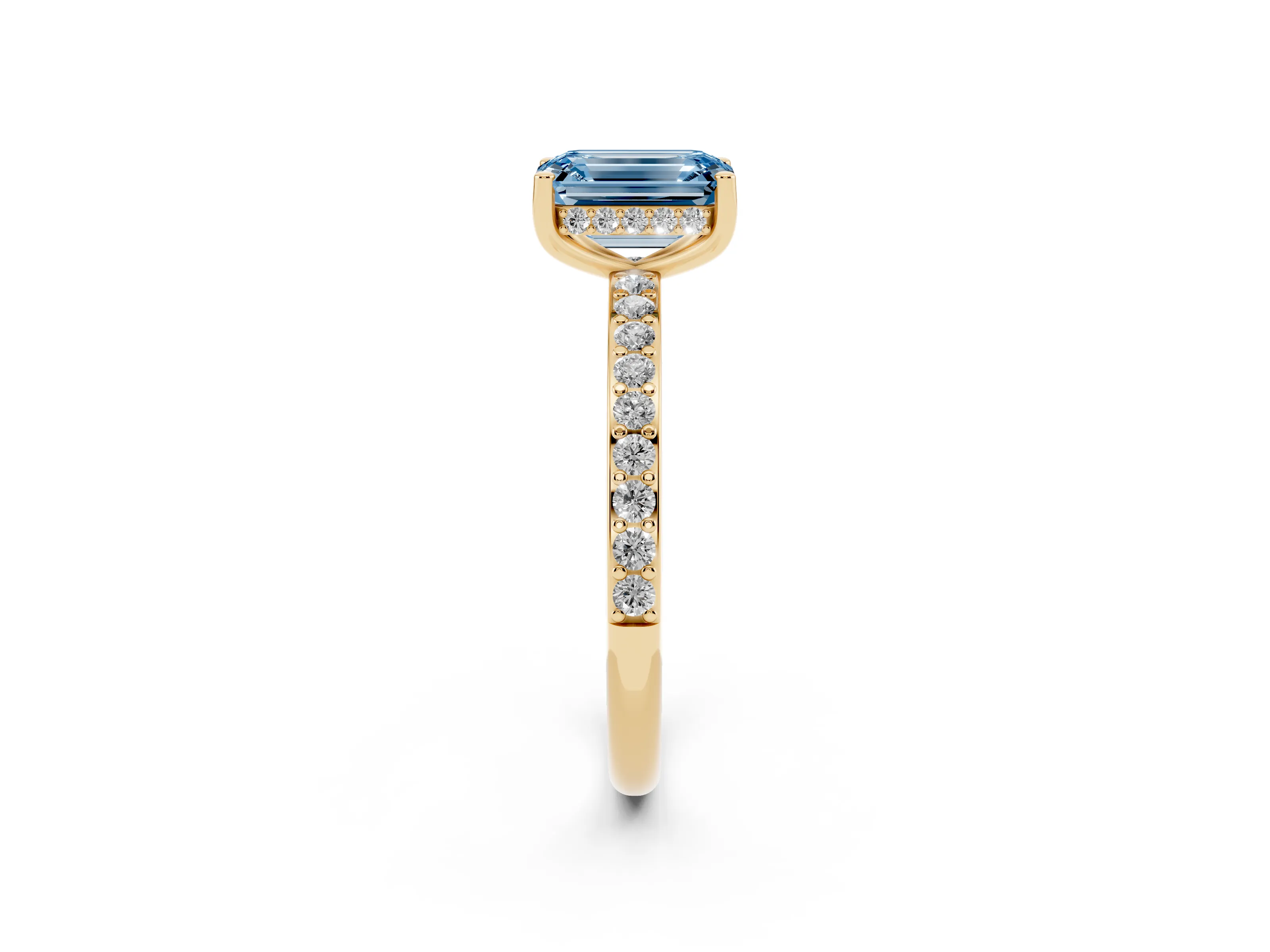 Fancy Blue Emerald Cut Diamond Pavé Band Ring Set in Yellow gold with Prong-Set Center Stone