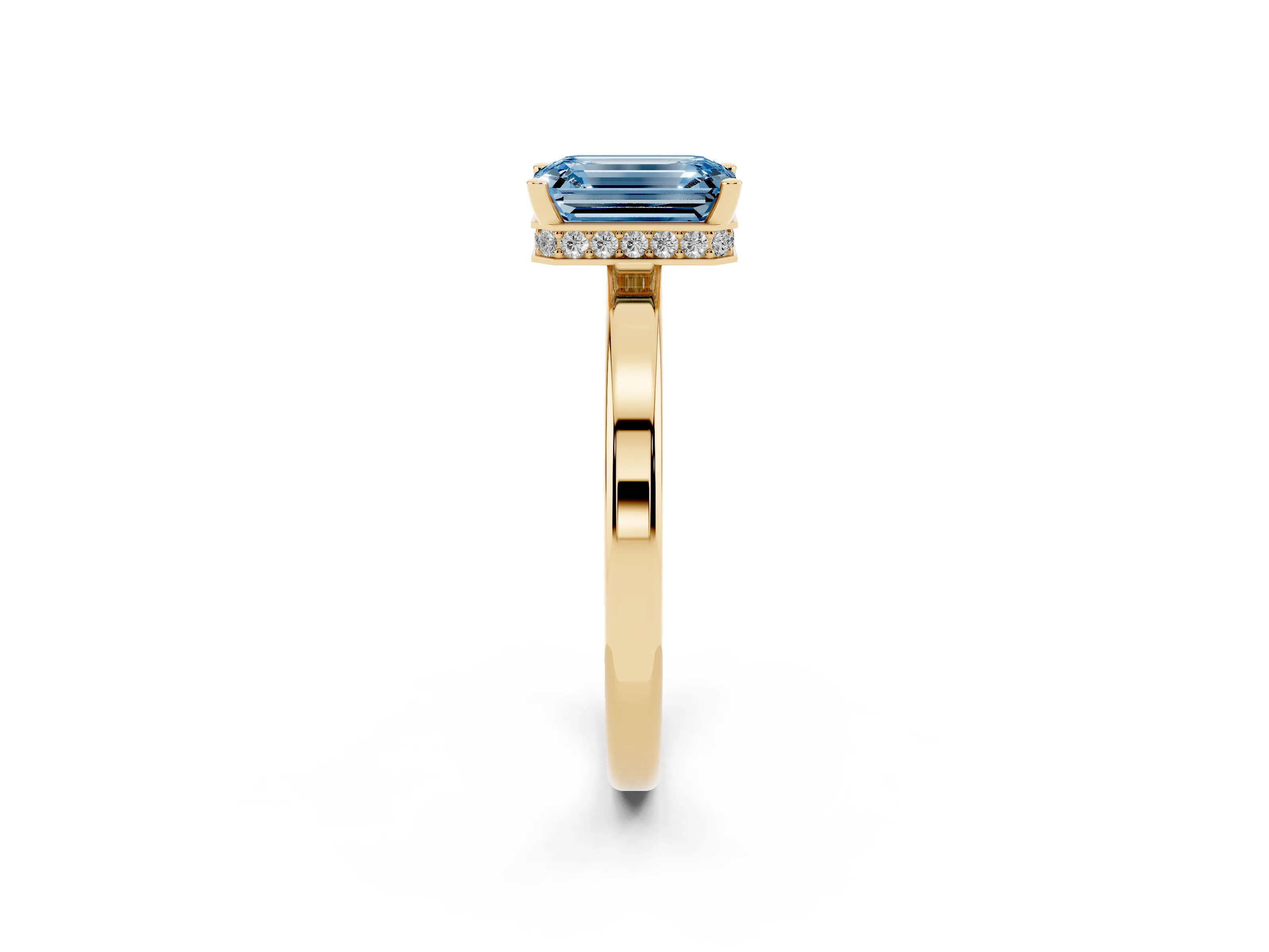 Fancy Blue Emerald Cut Diamond Solitaire Engagement Ring Set in Yellow gold with Prong Setting on a Plain Band