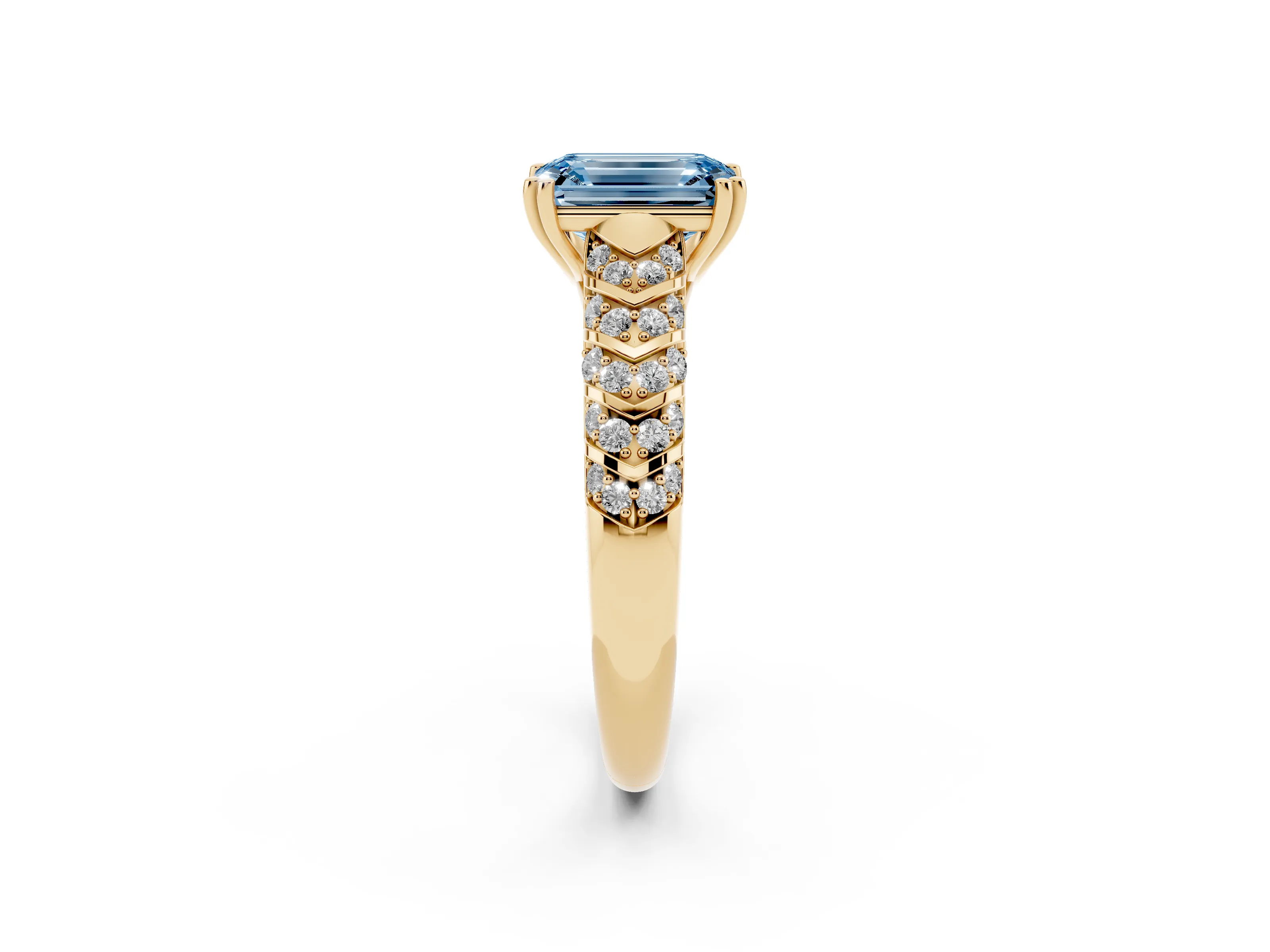 Fancy Blue Emerald Cut Diamond Solitaire Chevron Pavé Engagement Ring Set in Yellow gold with Prong Setting