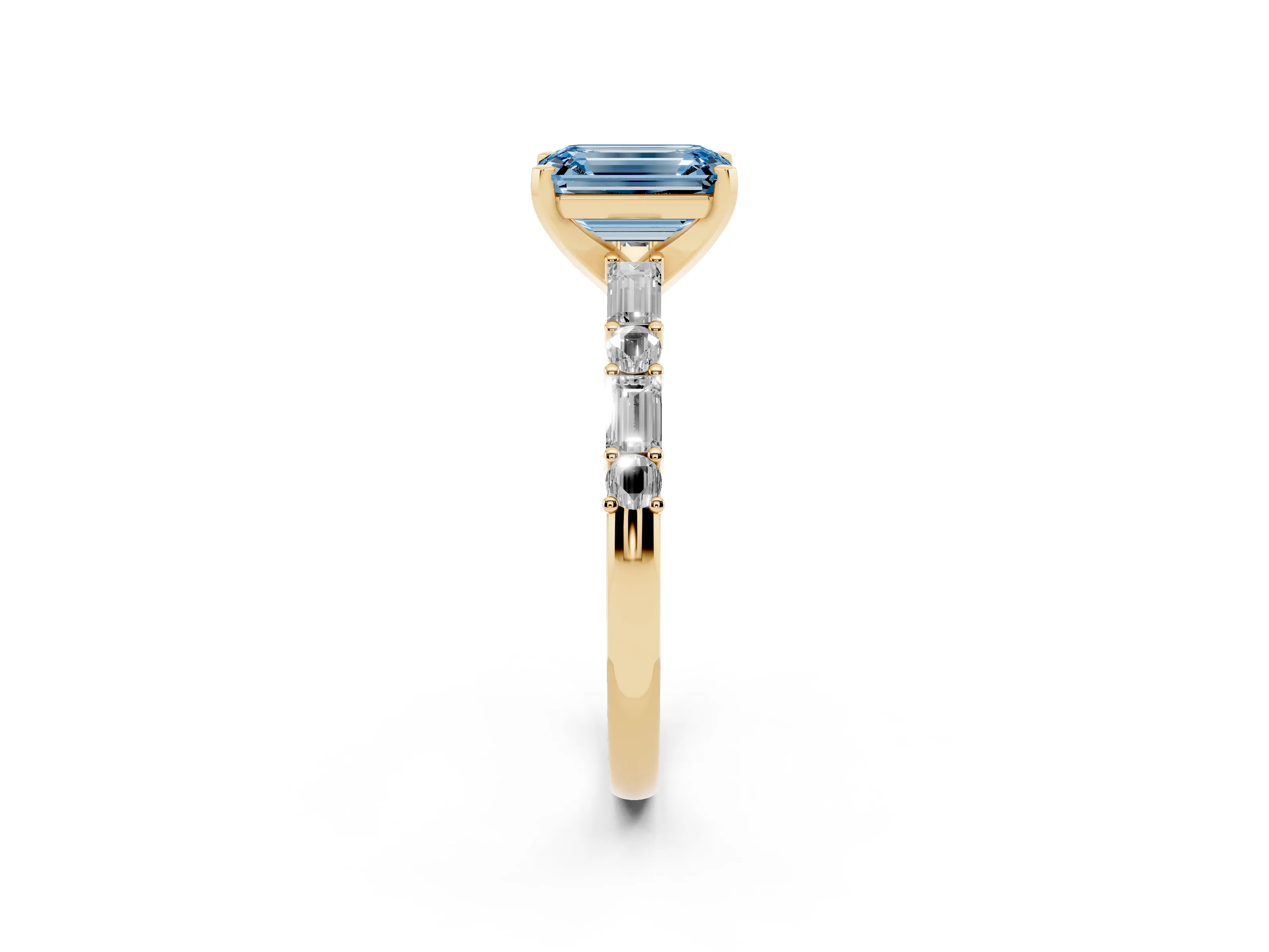 Fancy Blue Emerald Cut Diamond Solitaire Set in Yellow gold with Side Baguettes and Channel Set Band