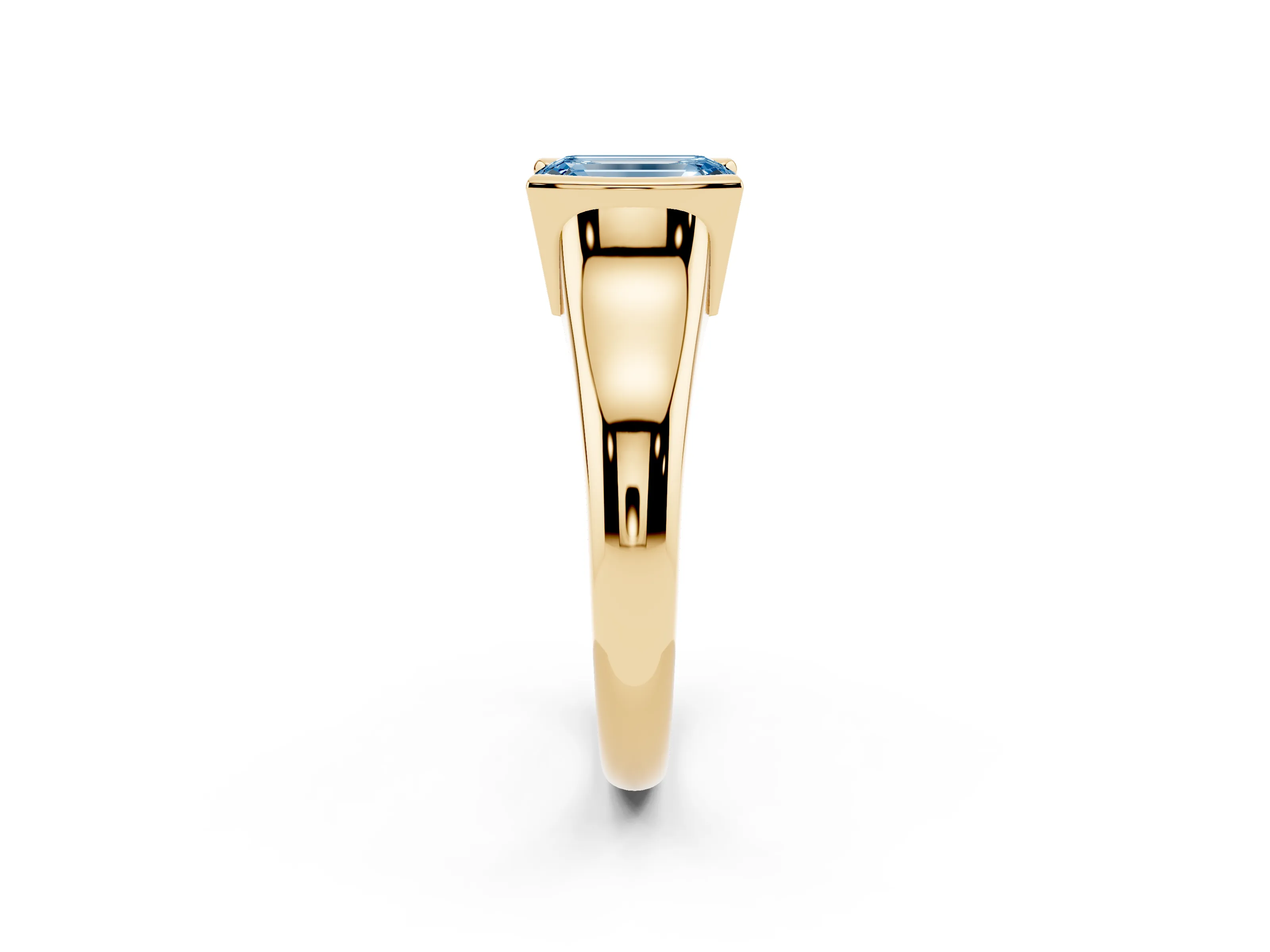 Fancy Blue Emerald Cut Diamond Solitaire Tension Set Ring Set in Yellow gold with Split Shank Band