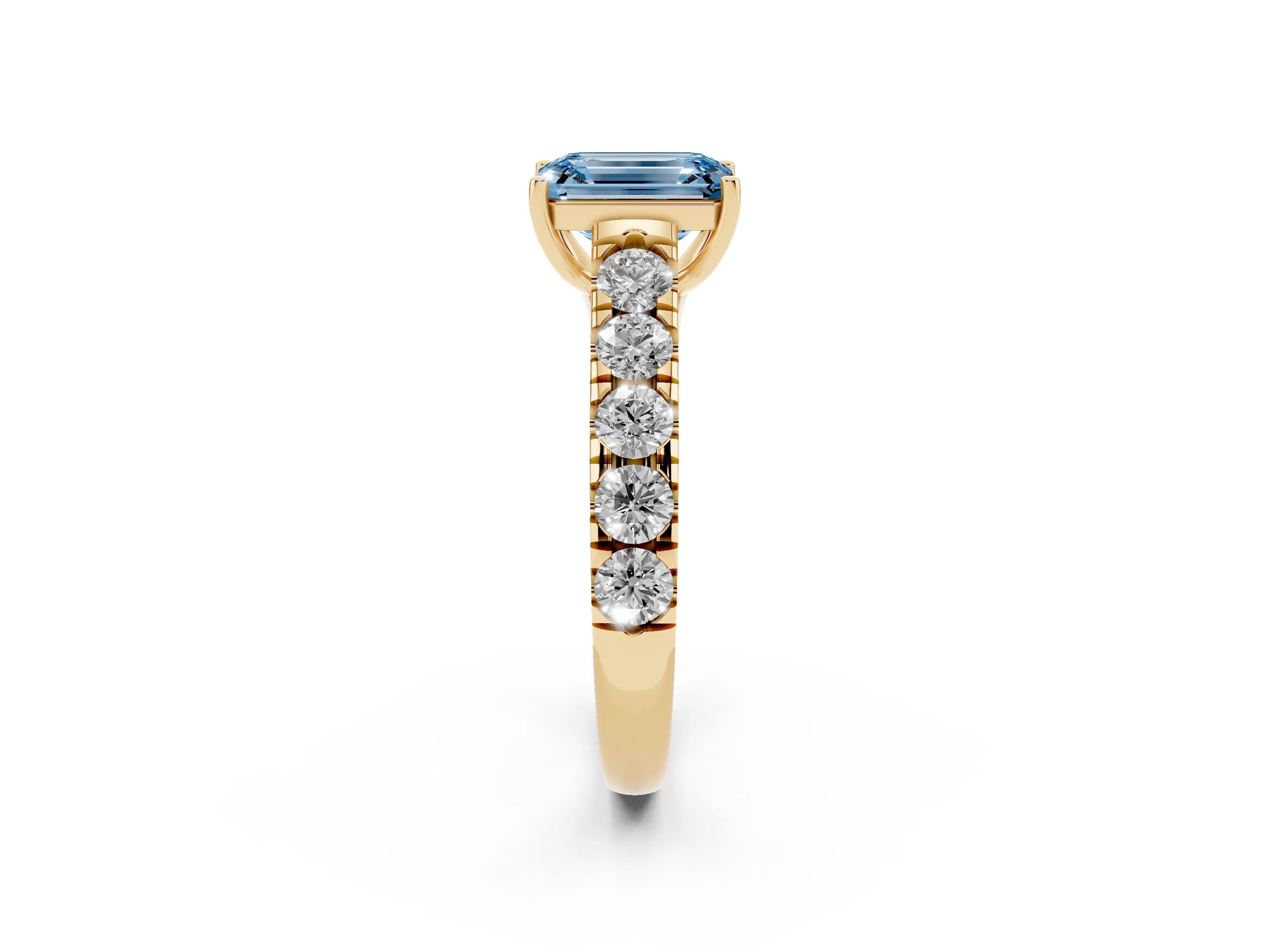 Fancy Blue Emerald Cut Diamond Solitaire Ring Set in Yellow gold with Cut-Down Micro Pavé Band and Prong Setting