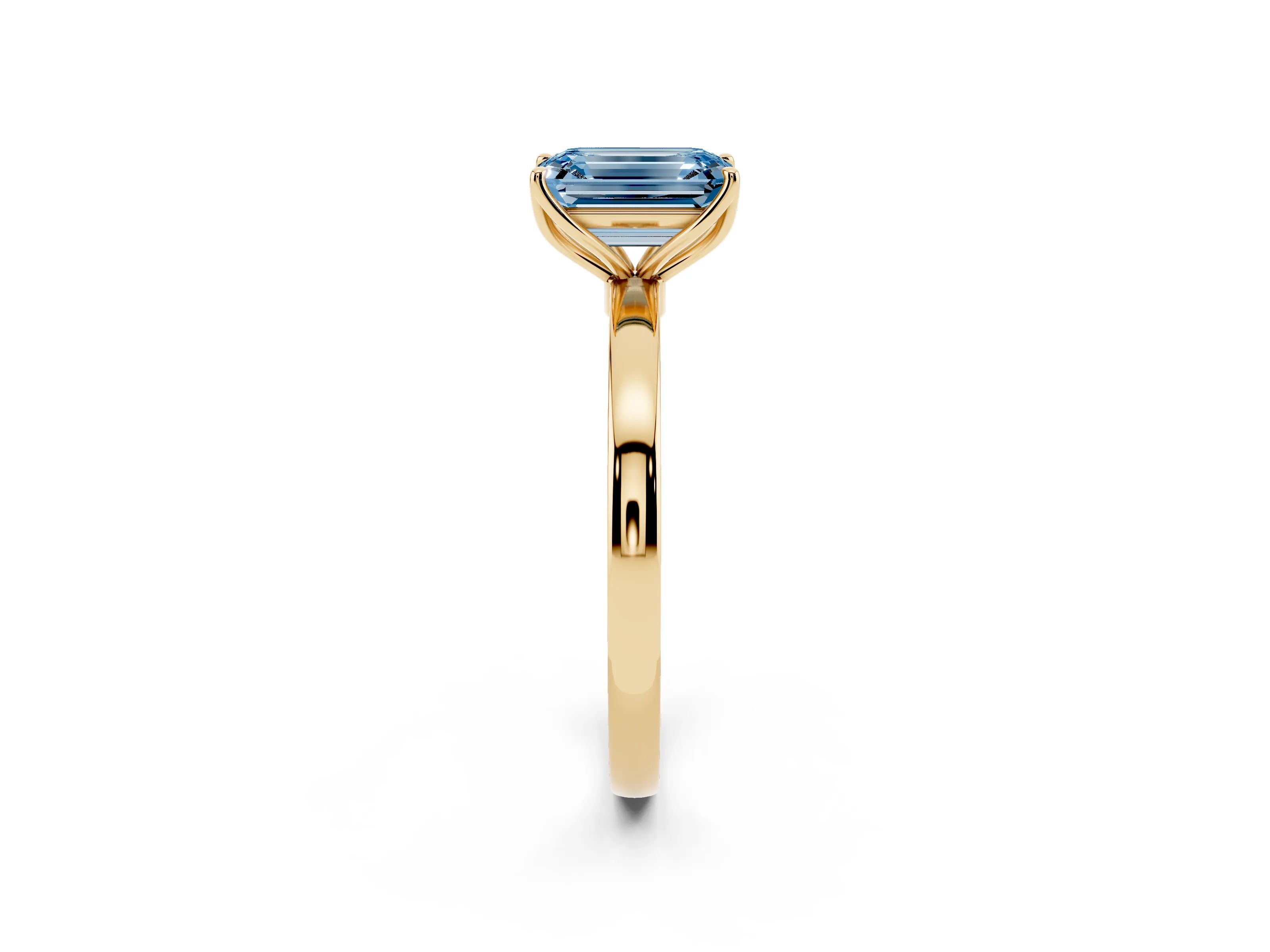 Fancy Blue Emerald Cut Diamond Solitaire Ring Set in Yellow gold with Prong Setting and Thin Polished Band