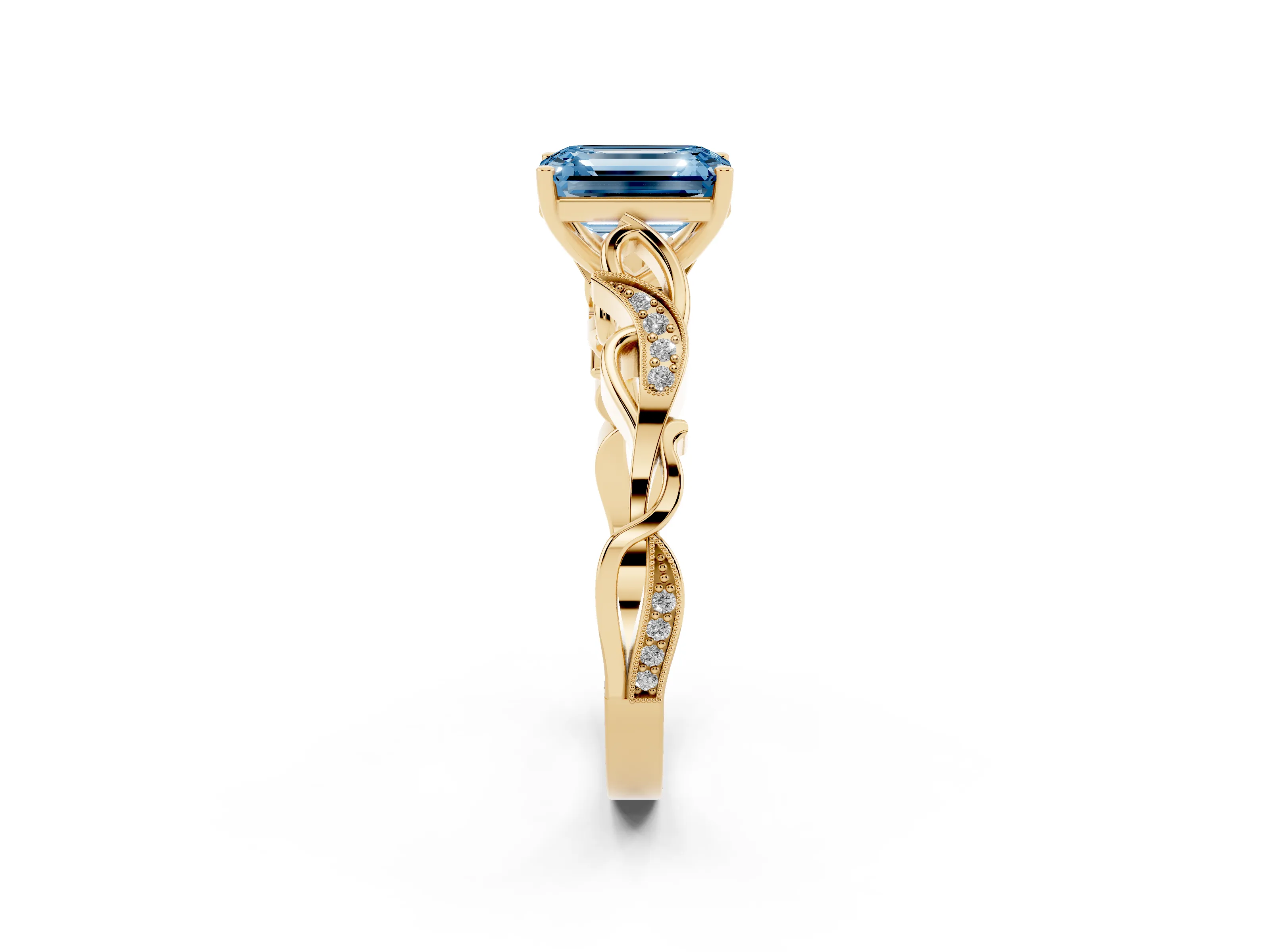 Fancy Blue Emerald Cut Diamond Vine Band Solitaire Ring Set in Yellow gold with Milgrain Prong Setting