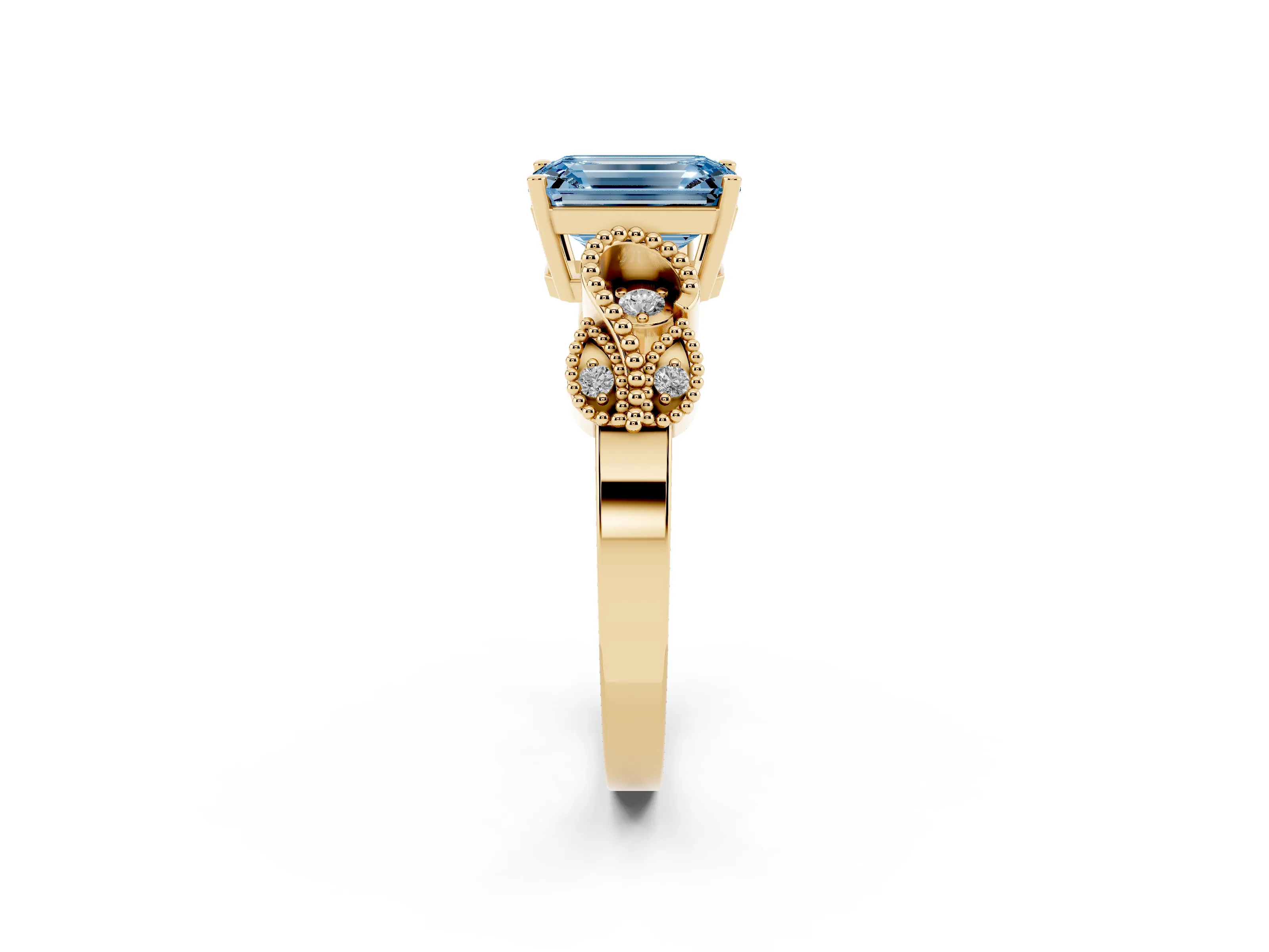 Fancy Blue Emerald Cut Diamond Milgrain Leaf Band Solitaire Ring Set in Yellow gold with Accent Stones and Prong Setting