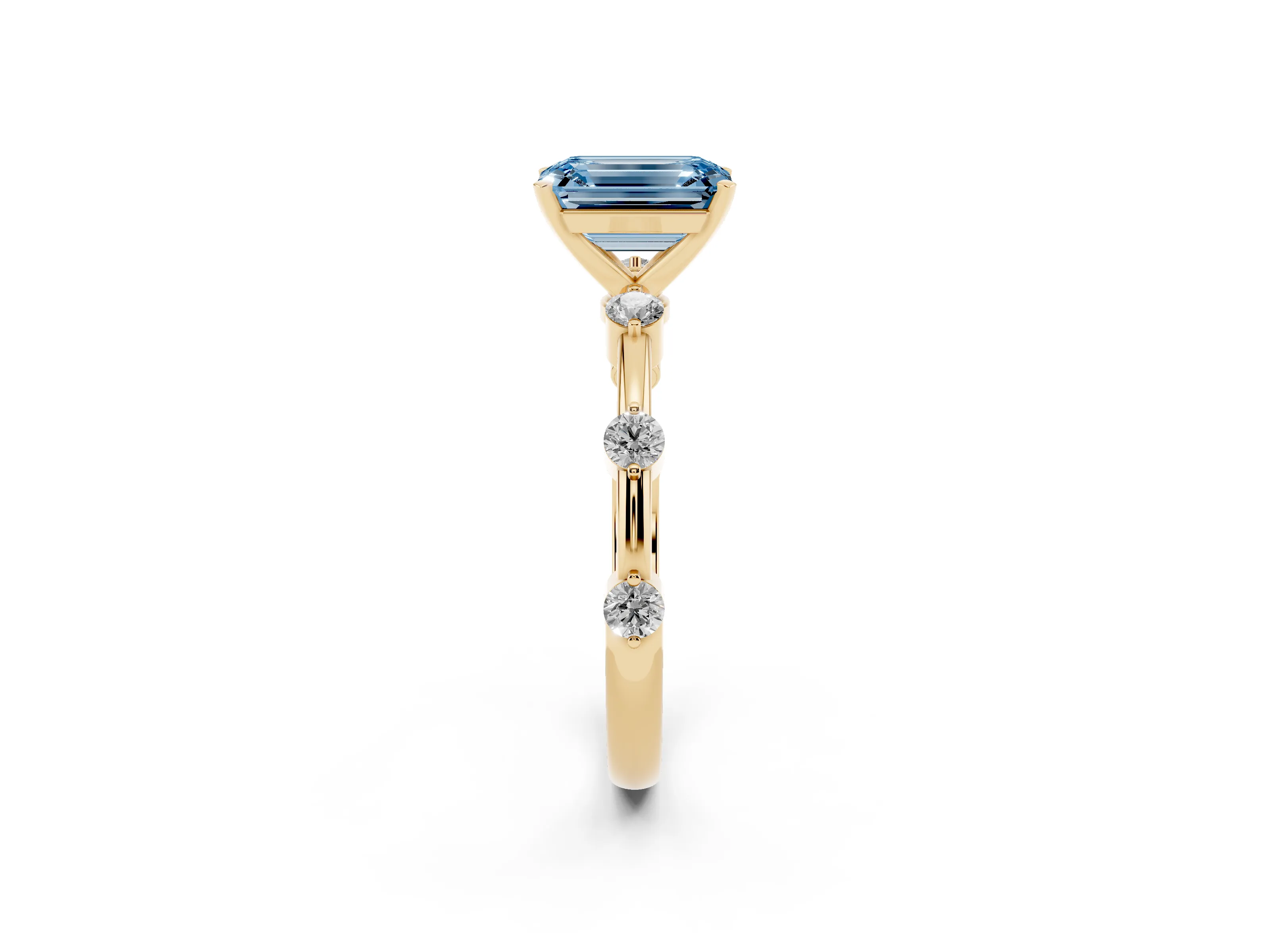Fancy Blue Emerald Cut Diamond Solitaire Ring Set in Yellow gold with Bezel Set Side Stones and Prong Setting