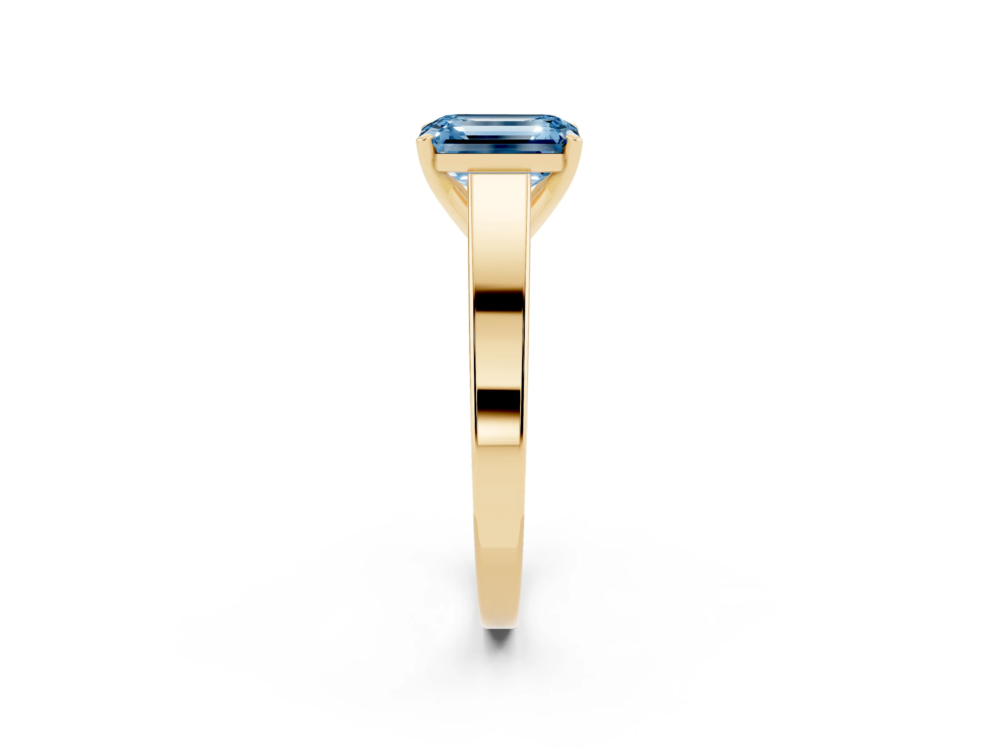 Fancy Blue Emerald Cut Diamond Solitaire Engagement Ring Set in Yellow gold with Prong Setting and Tapered Band