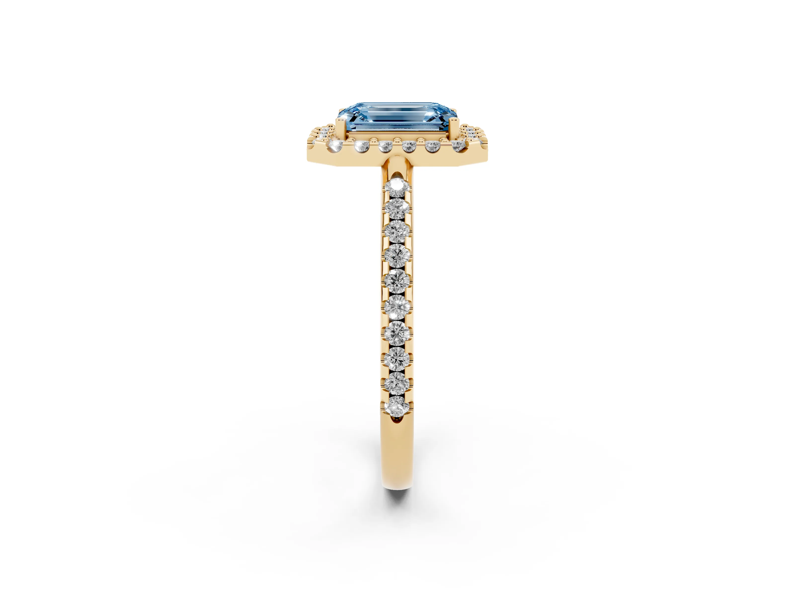 Fancy Blue Emerald Cut Diamond Pavé Halo Ring Set in Yellow gold with Prong Setting