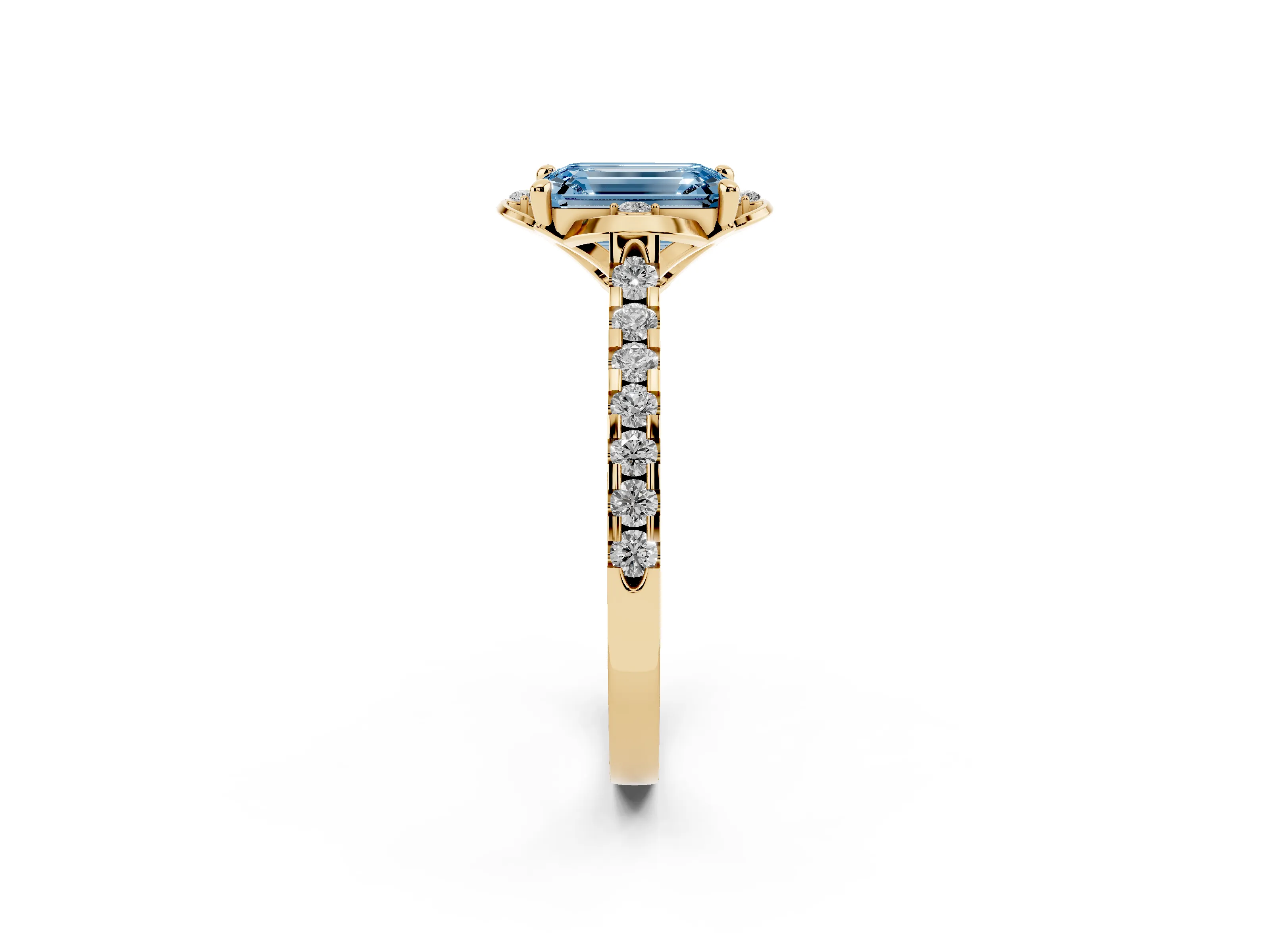 Fancy Blue Emerald Cut Diamond Solitaire Ring Set in Yellow gold with Pavé Band and Floral Prong Setting