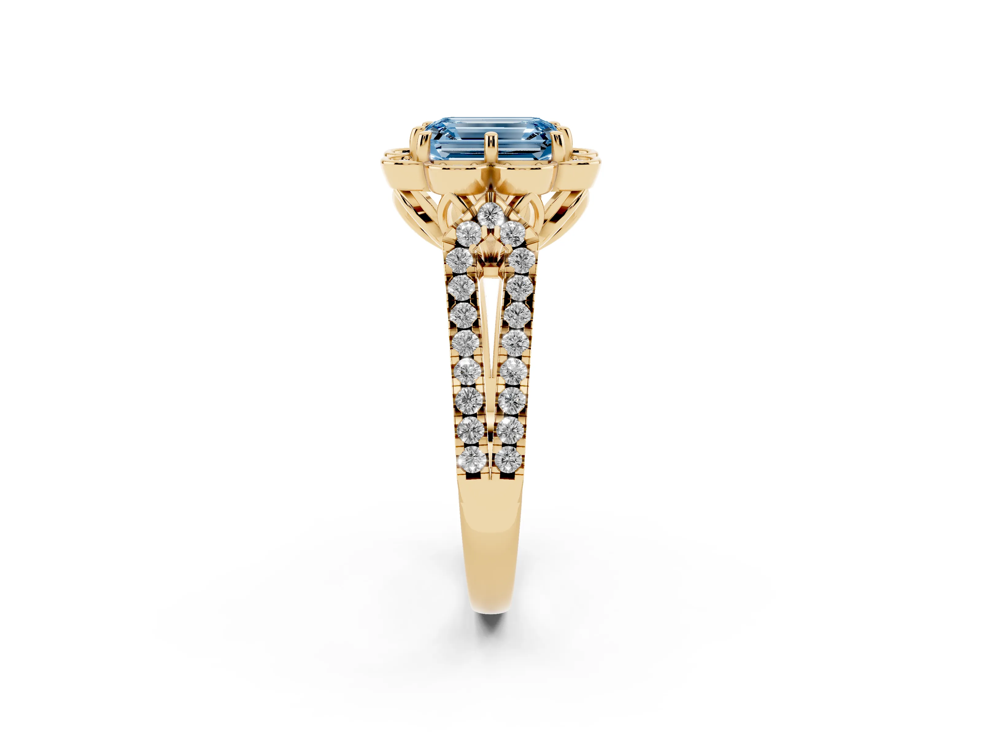 Fancy Blue Emerald Cut Diamond Floral Halo Split Shank Engagement Ring Set in Yellow gold with Pavé Shank
