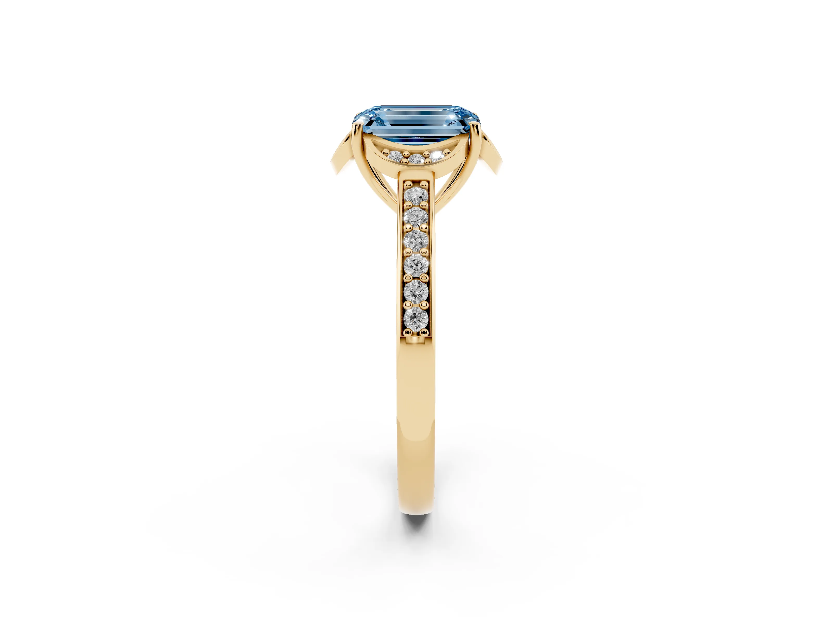 Fancy Blue Emerald Cut Diamond Halo Ring Set in Yellow gold with Channel Set Band and Prong Setting