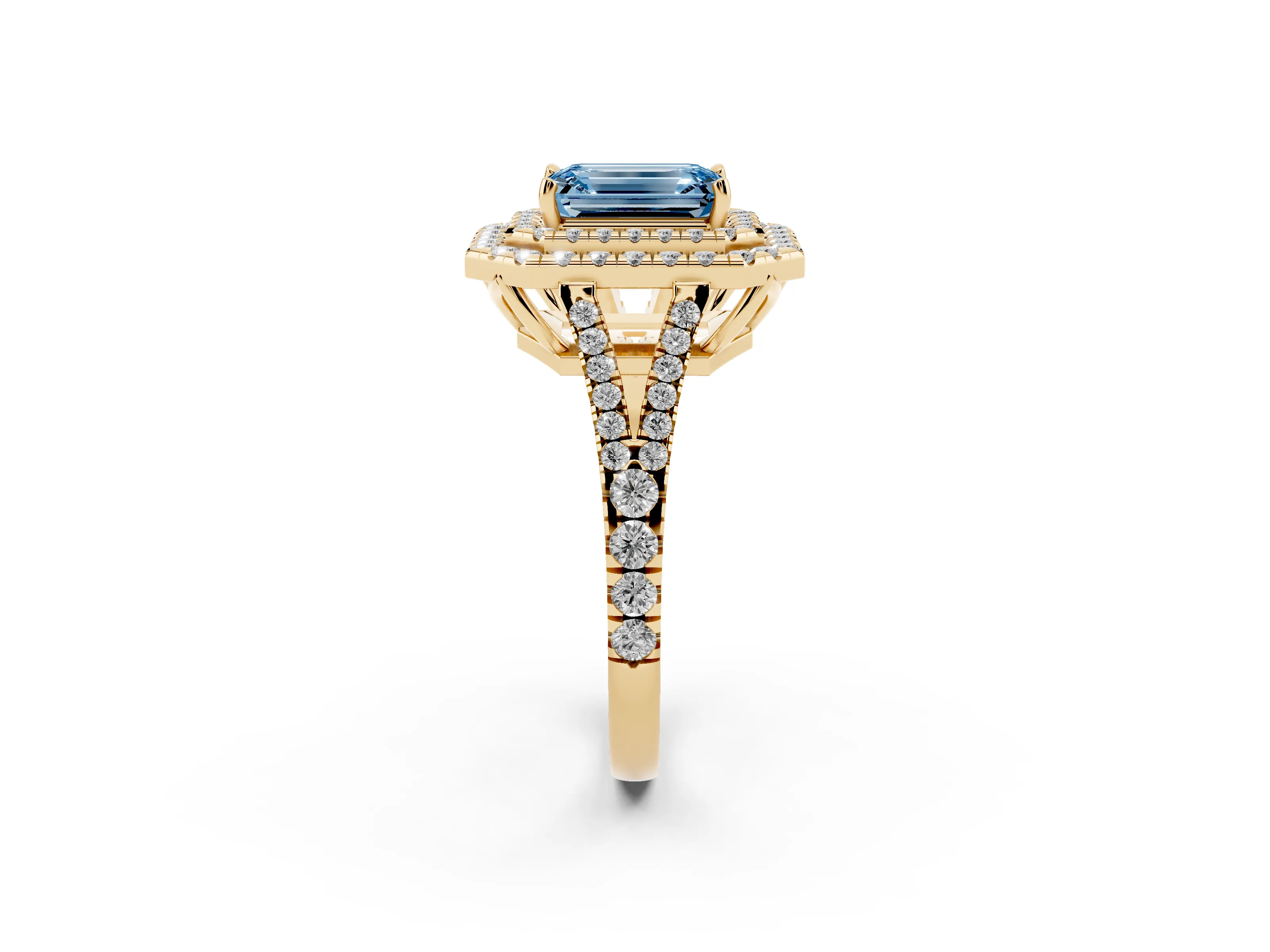Fancy Blue Emerald Cut Diamond Double Halo Ring Set in Yellow gold with Pavé Band
