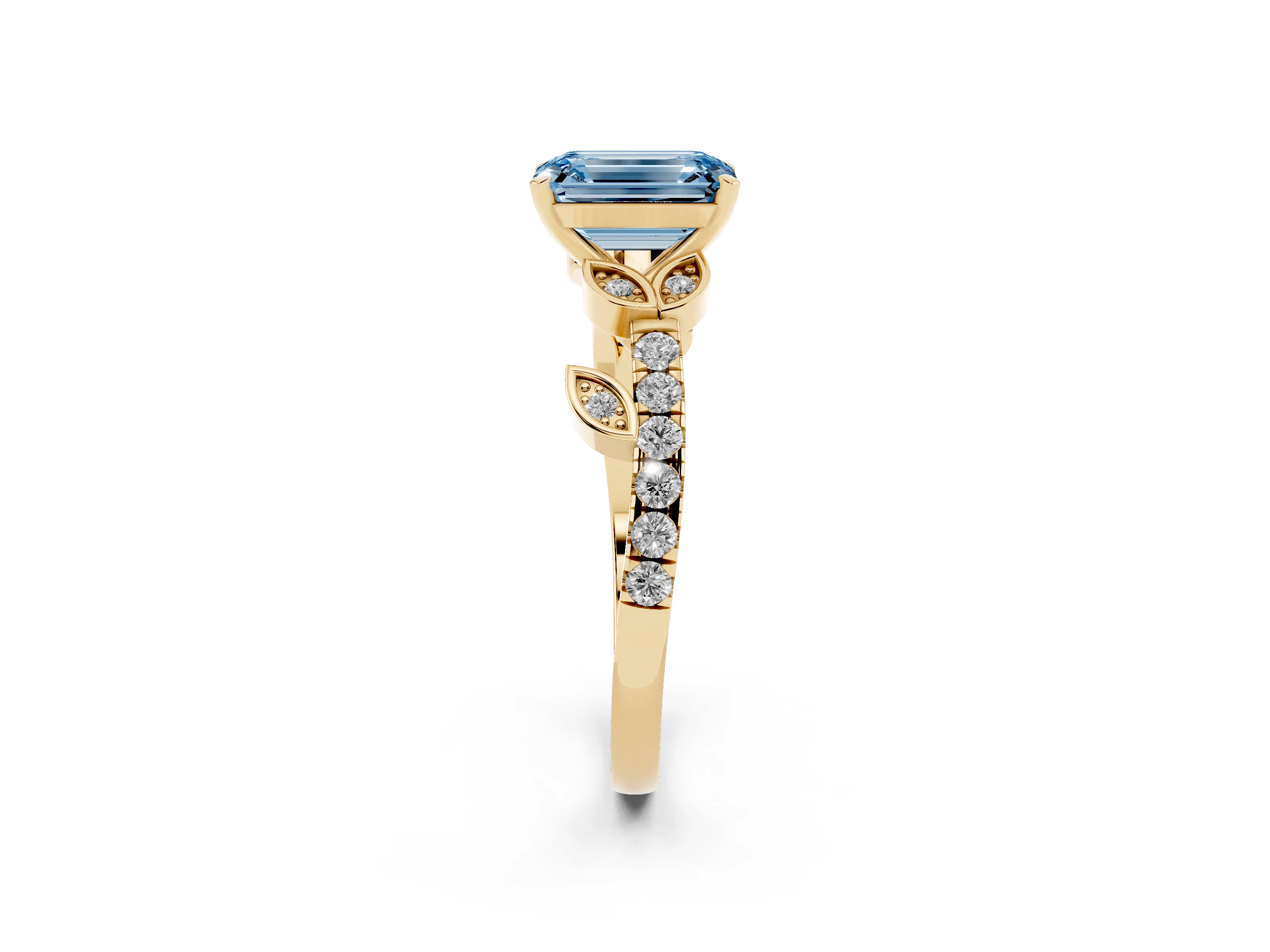 Fancy Blue Emerald Cut Diamond Solitaire Leaf-Inspired Ring Set in Yellow gold with Pavé Band and Prong Setting