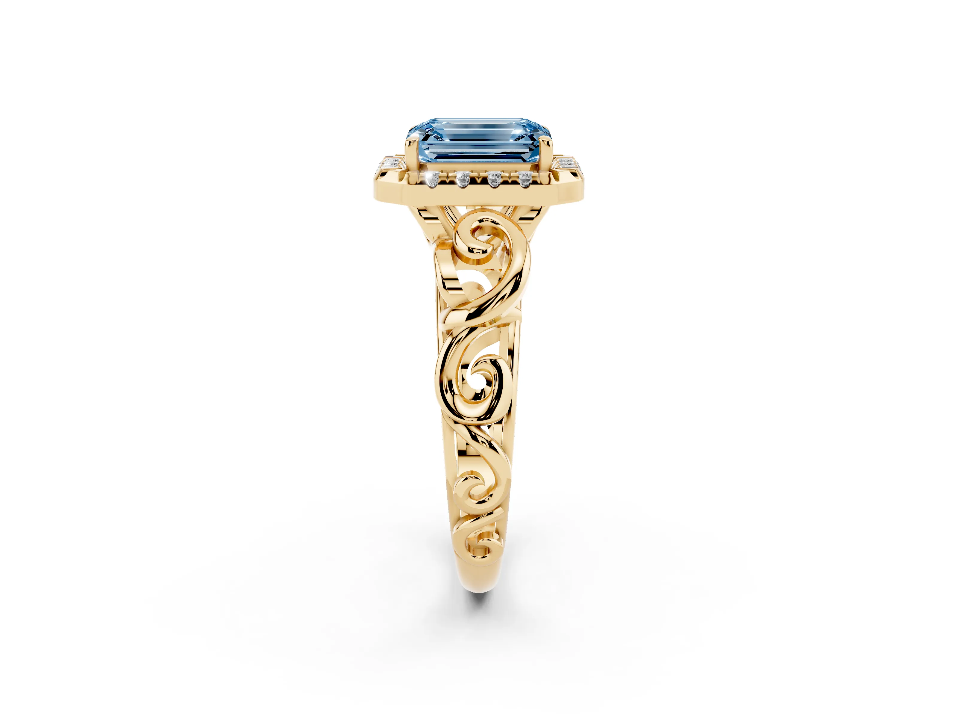 Fancy Blue Emerald Cut Diamond Halo Ring Set in Yellow gold with Scrollwork Band and Prong Setting