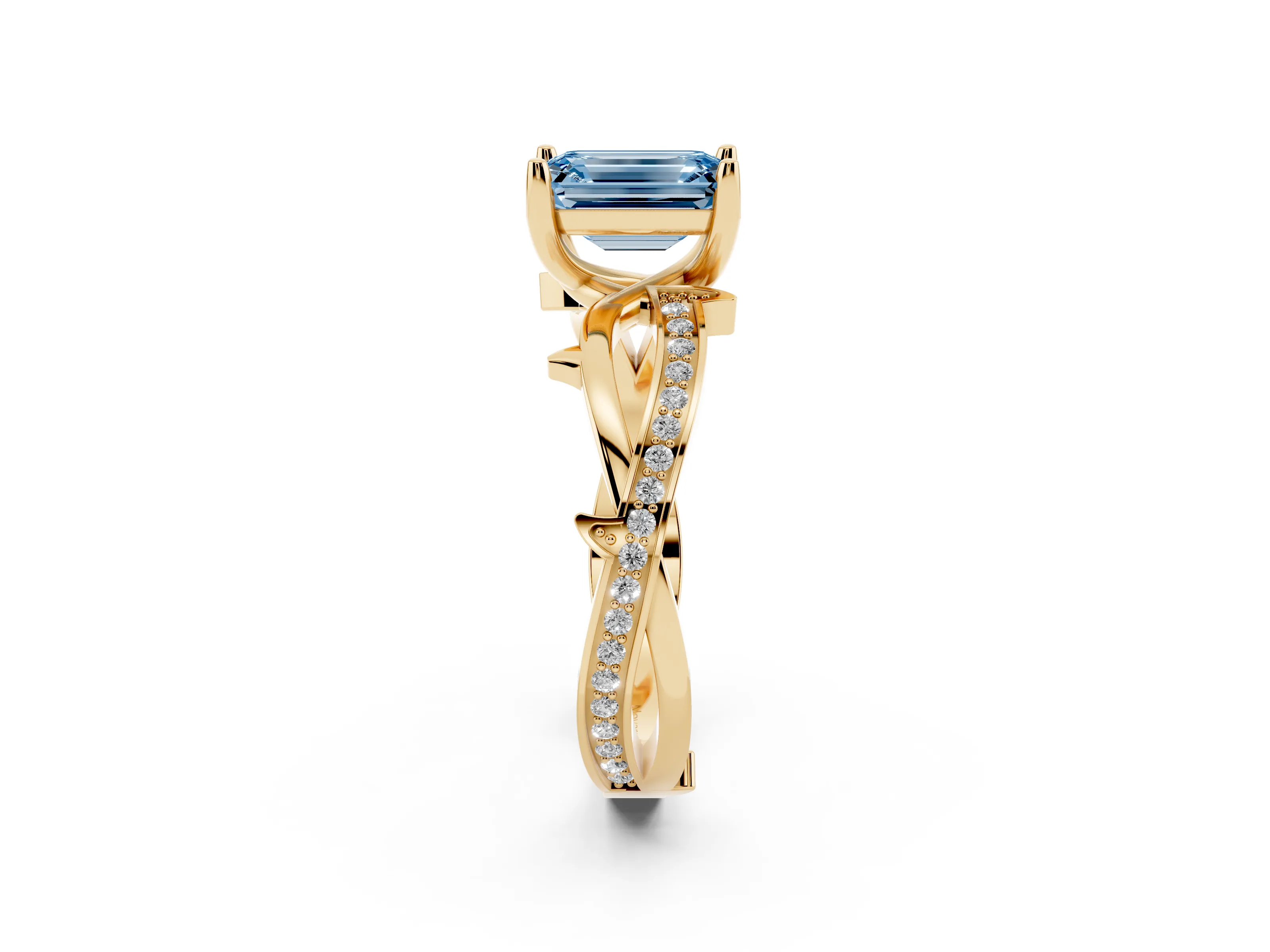 Fancy Blue Emerald Cut Diamond Pavé Twist Band Solitaire Ring Set in Yellow gold with Prong Setting