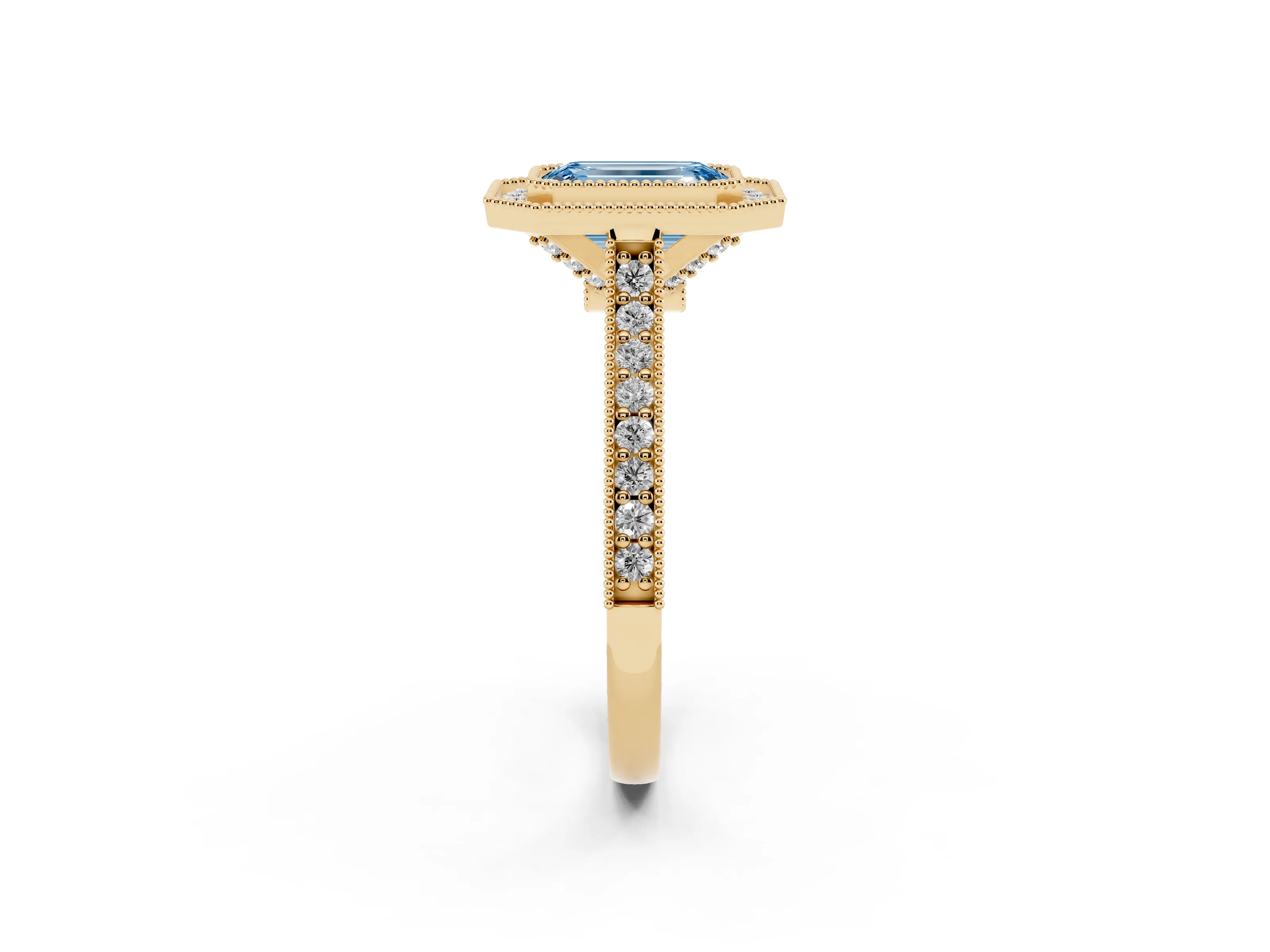 Fancy Blue Emerald Cut Diamond Halo Milgrain Pavé Band Ring Set in Yellow gold with Prong Setting