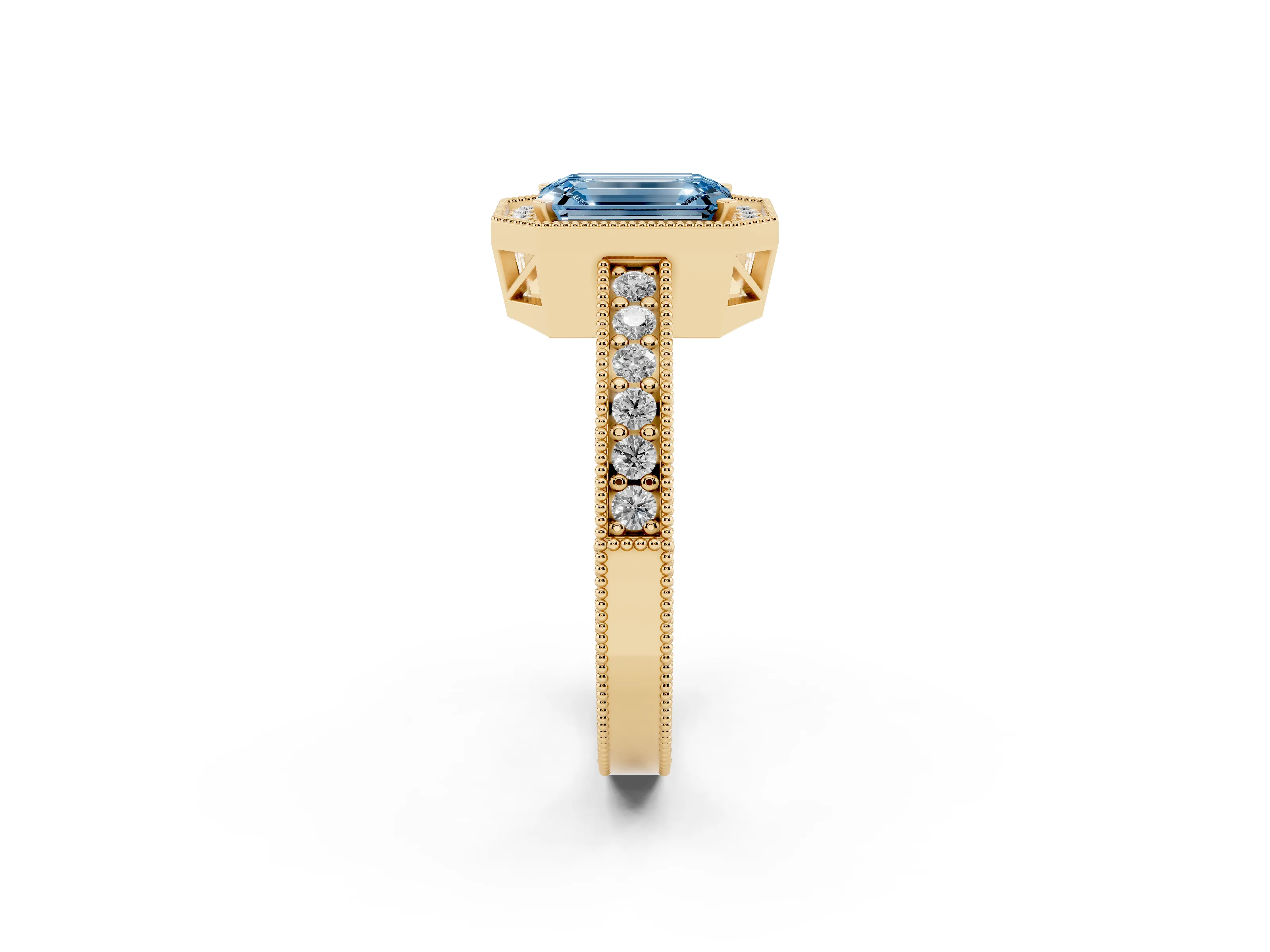 Fancy Blue Emerald Cut Diamond Halo Pavé Band Ring Set in Yellow gold with Prong-Set Center