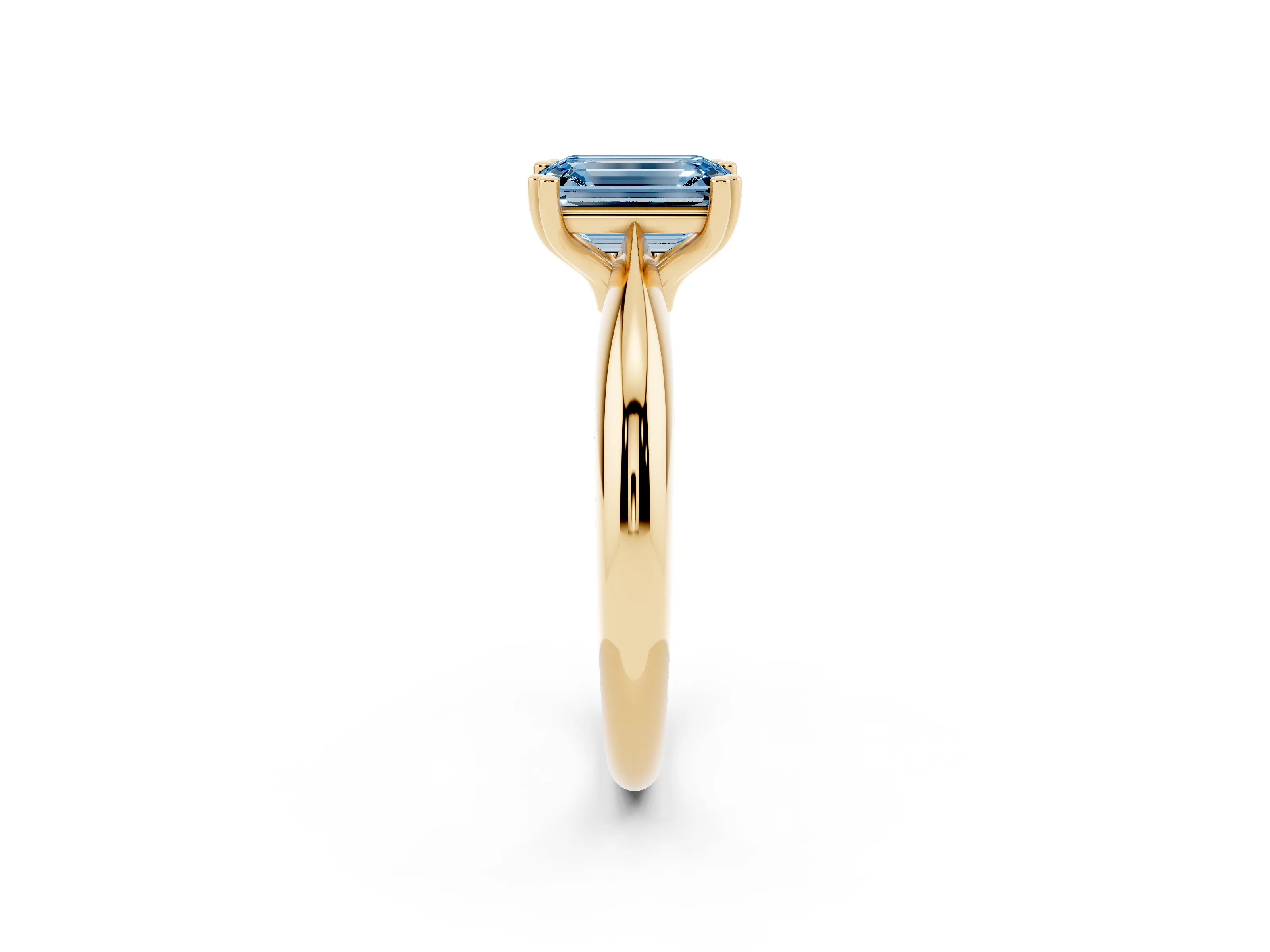 Fancy Blue Emerald Cut Diamond Solitaire Engagement Ring Set in Yellow gold with Tapered Band and Prong Setting