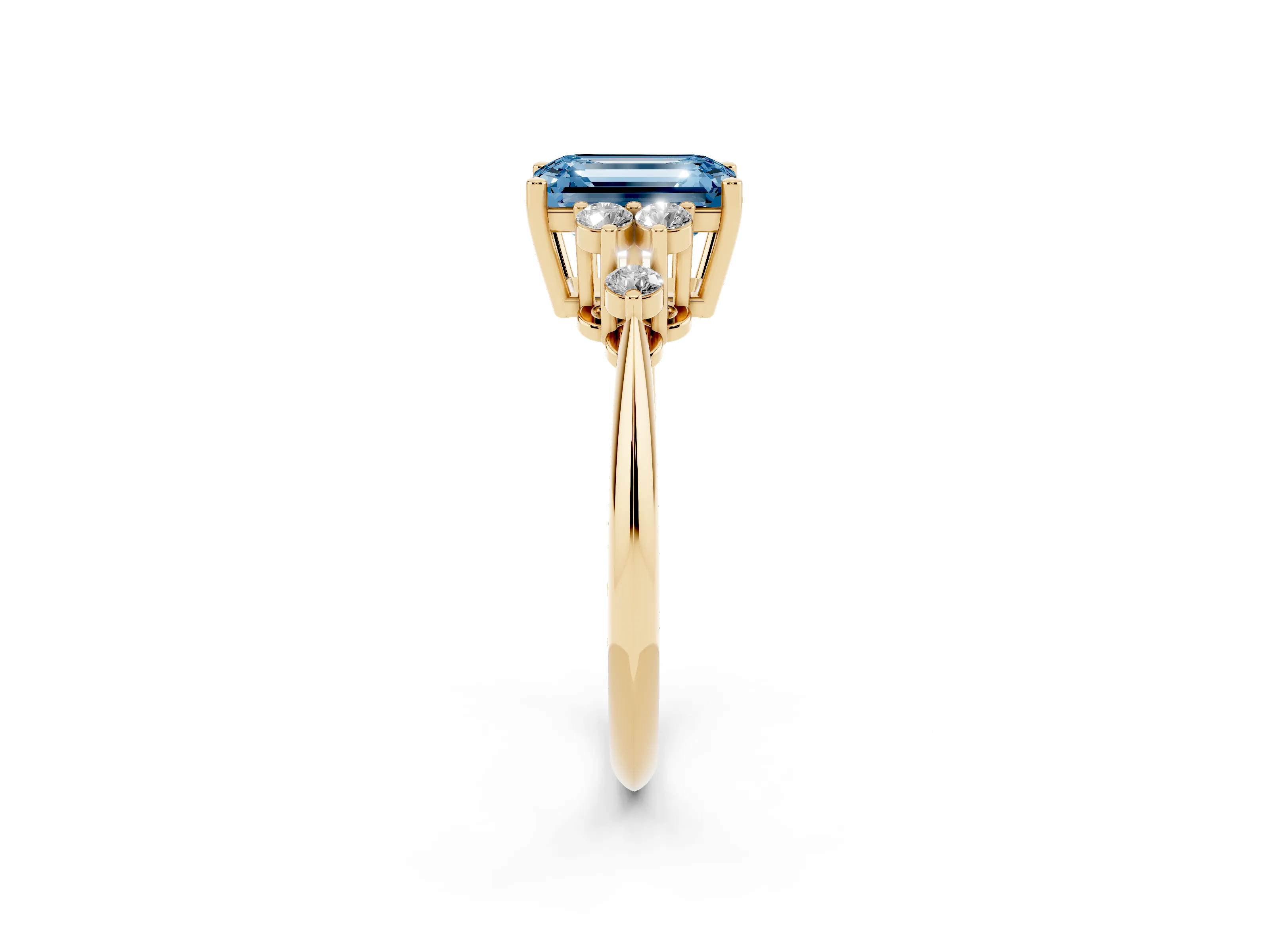 Fancy Blue Emerald Cut Diamond Cluster Ring Set in Yellow gold with Plain Band and Prong Setting
