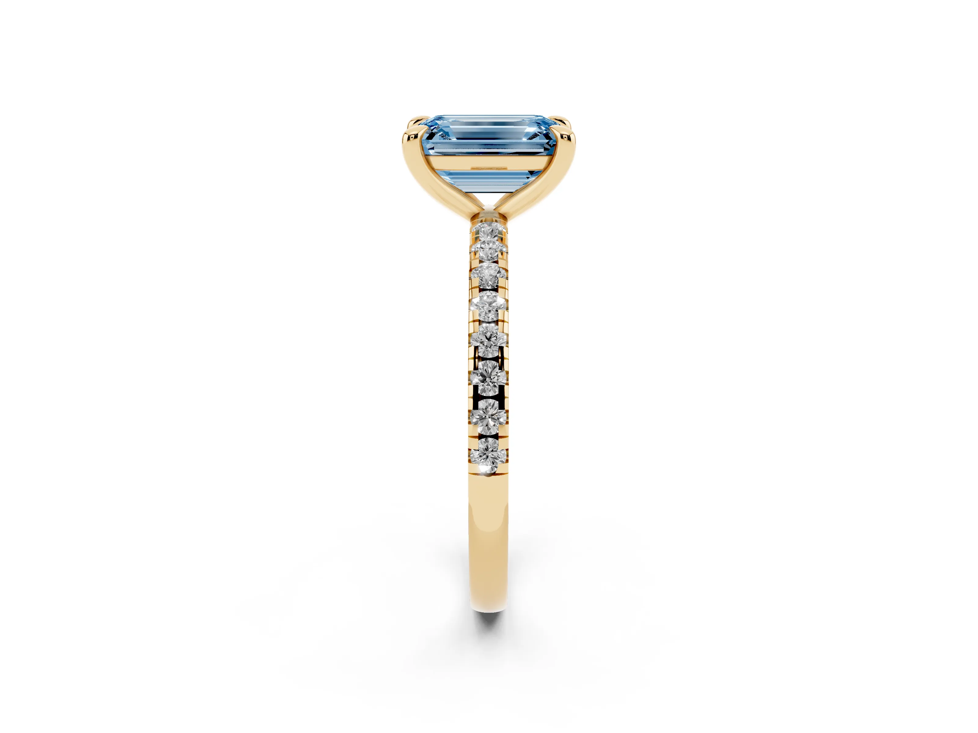 Fancy Blue Emerald Cut Diamond Brilliant Solitaire Ring Set in Yellow gold with Pavé Band and Prong Setting