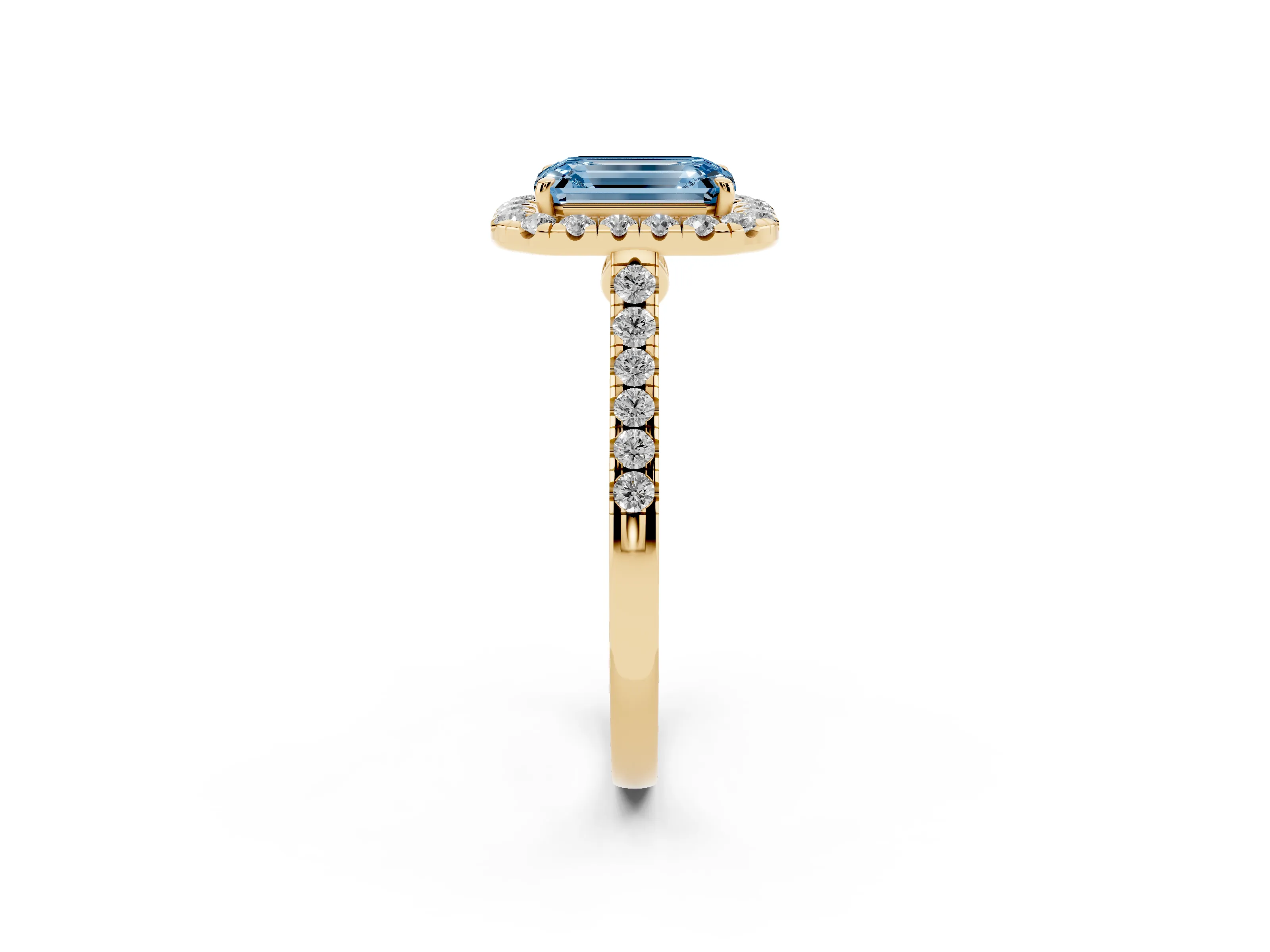 Fancy Blue Emerald Cut Diamond Halo Pavé Engagement Ring Set in Yellow gold with Prong Setting
