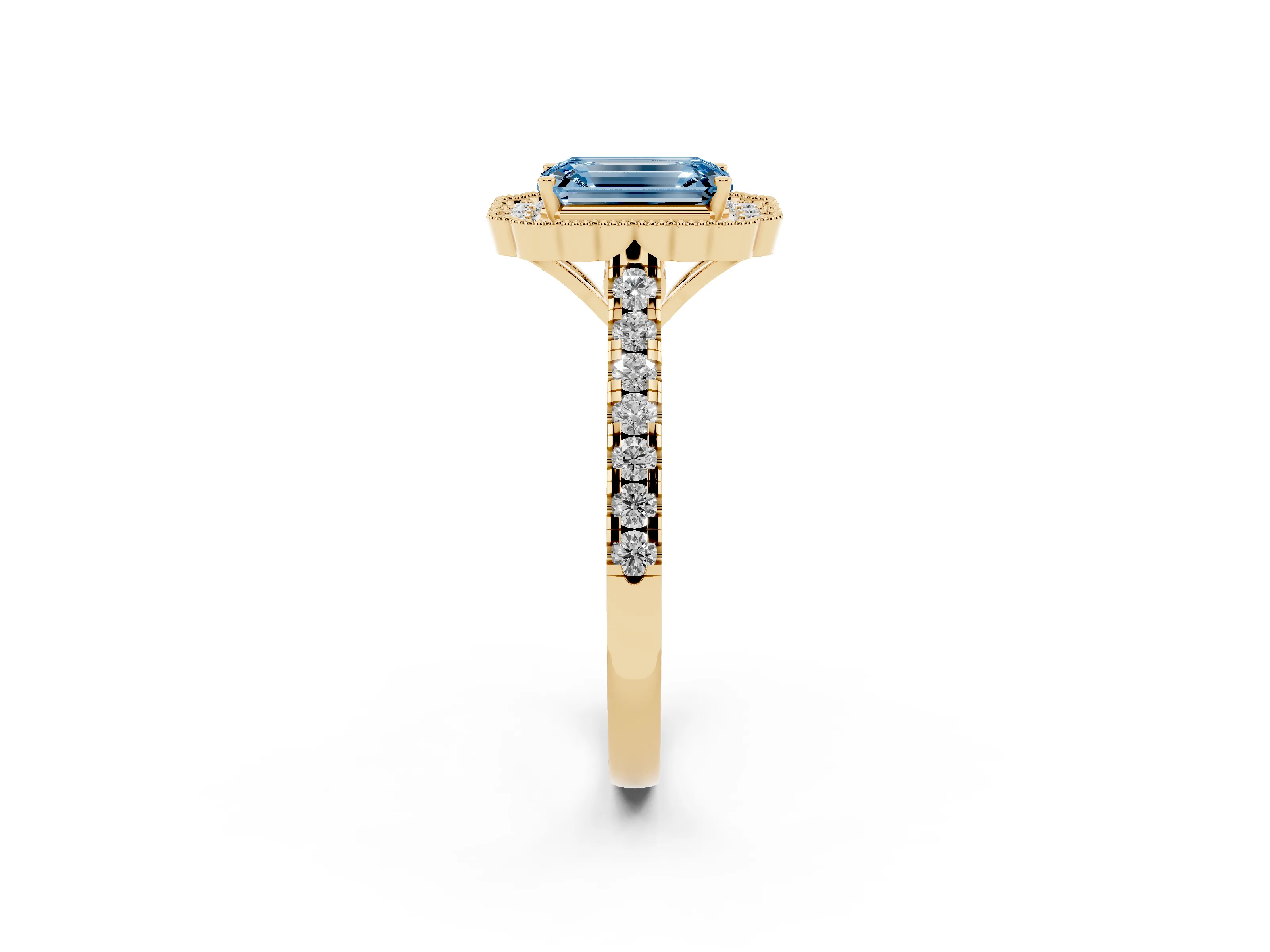Fancy Blue Emerald Cut Diamond Milgrain Floral Halo Engagement Ring Set in Yellow gold with Pavé Band
