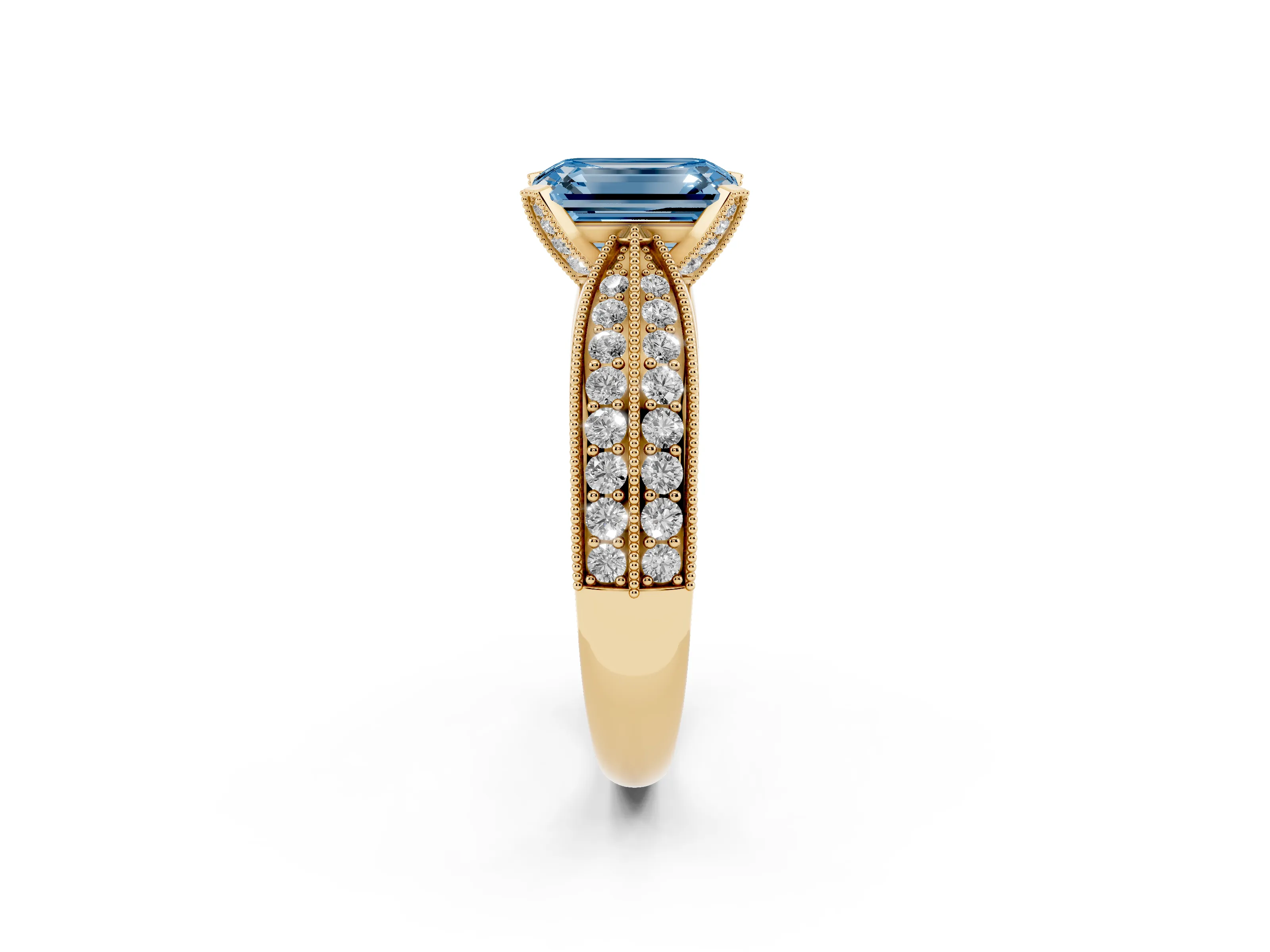 Fancy Blue Emerald Cut Diamond Solitaire Ring Set in Yellow gold with Milgrain Double Row Round Pavé Band