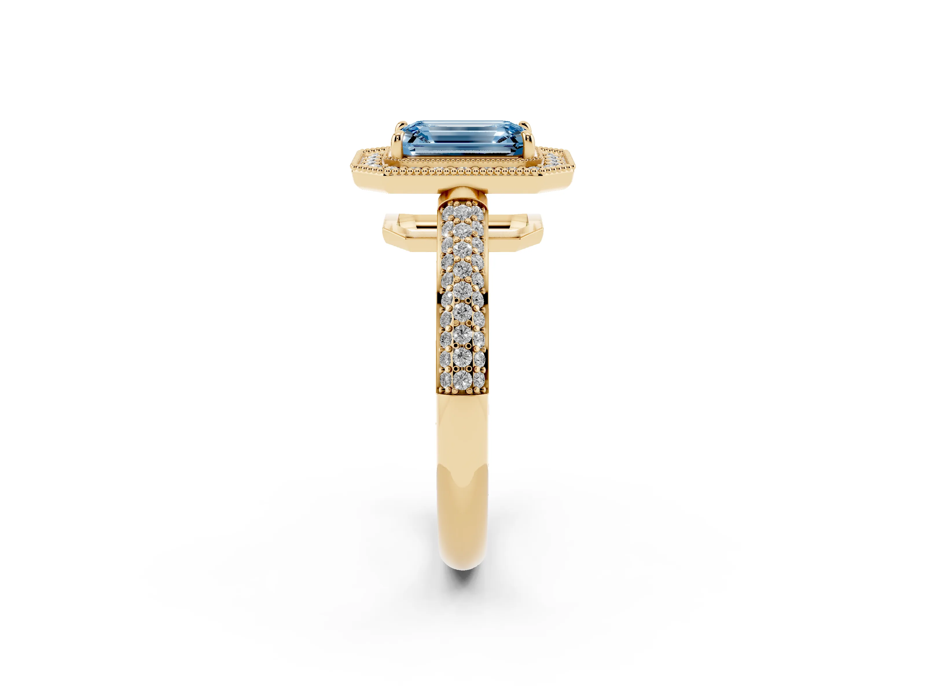 Fancy Blue Emerald Cut Diamond Halo Pavé Band Set in Yellow gold with Prong Setting