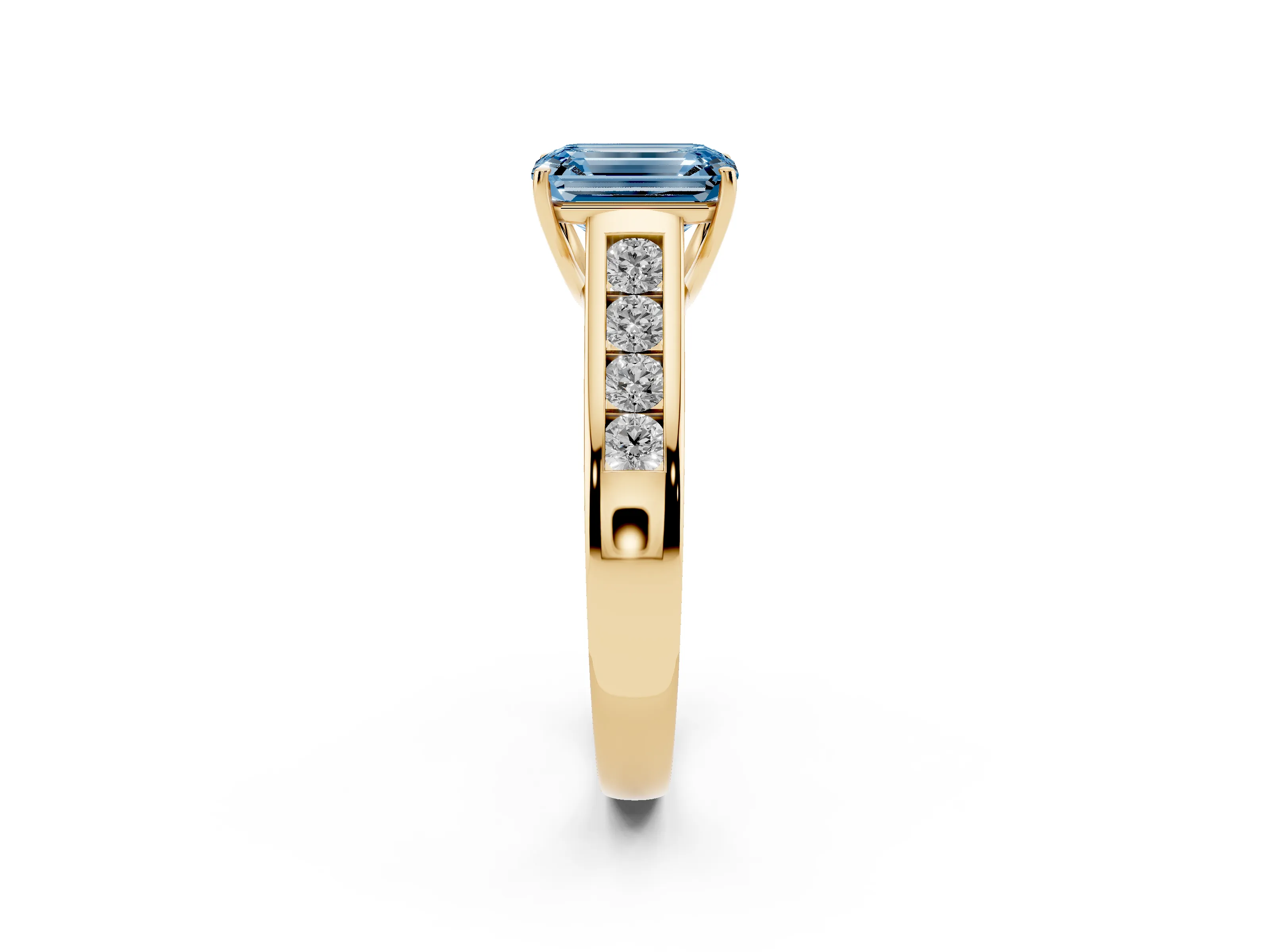 Fancy Blue Emerald Cut Diamond Brilliant Channel-Set Solitaire Ring Set in Yellow gold with Prong Setting
