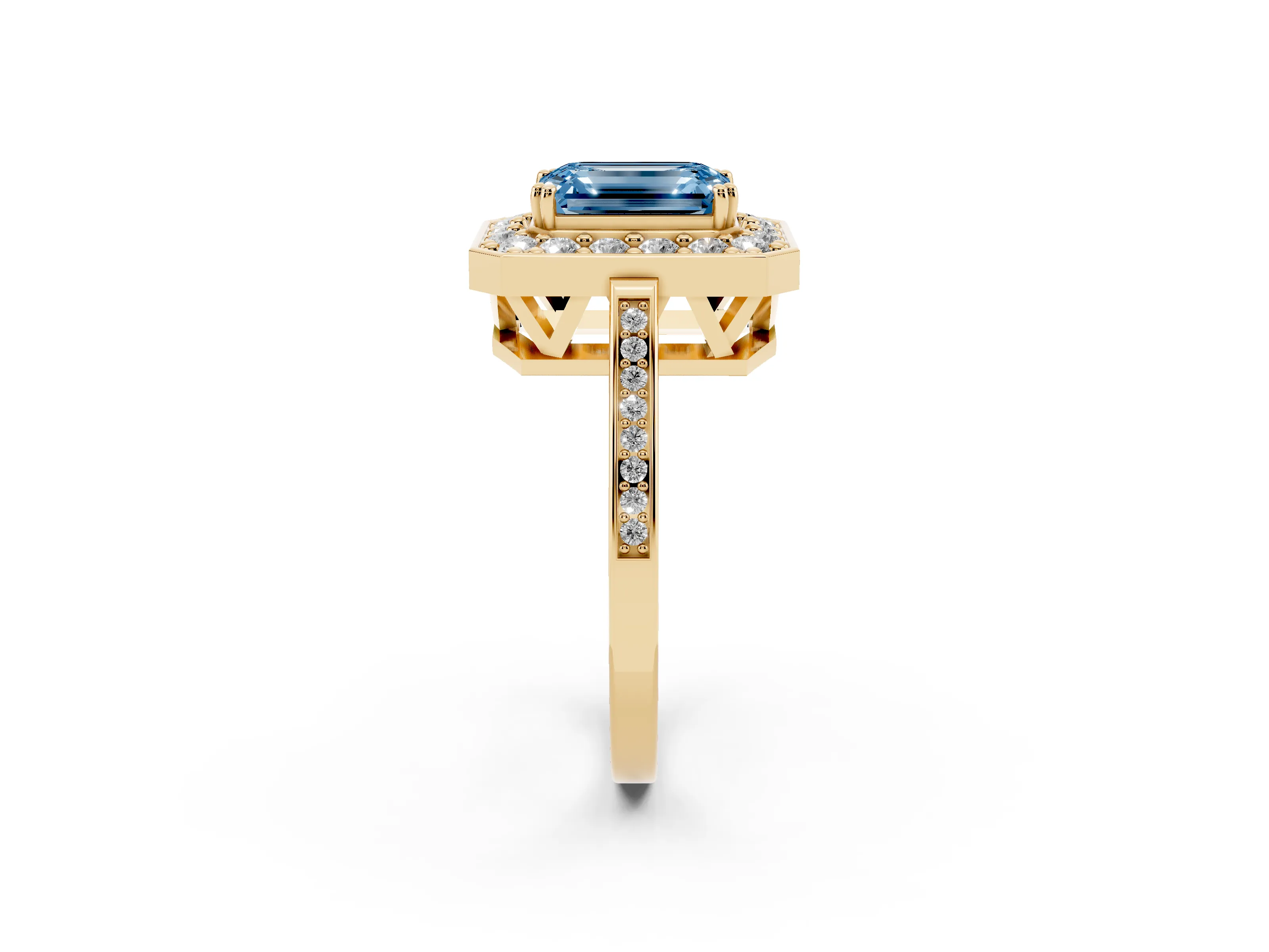 Fancy Blue Emerald Cut Diamond Halo Ring Set in Yellow gold with Accent-Lined Split Shank and Prong Setting