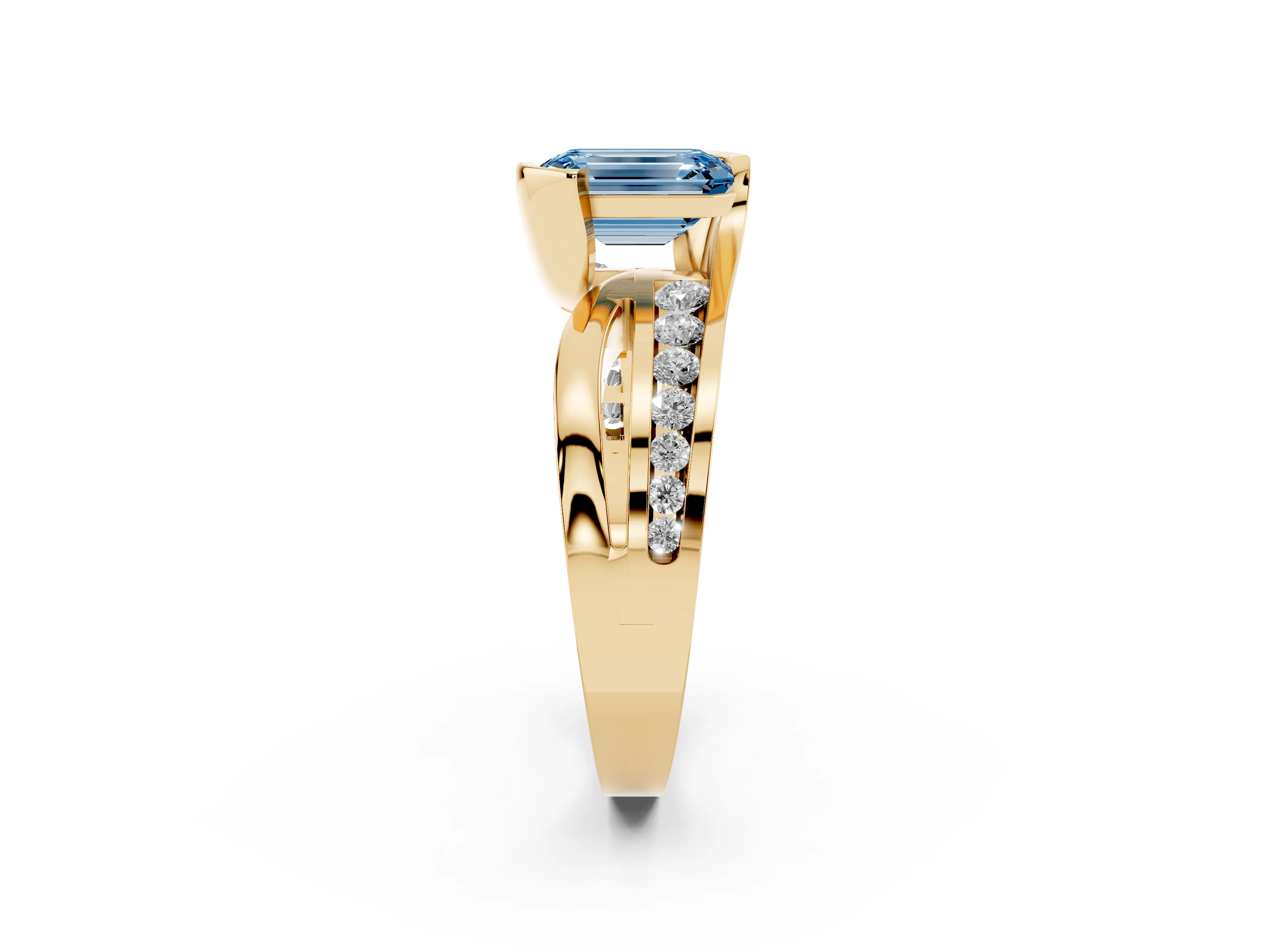 Fancy Blue Emerald Cut Diamond Solitaire Ring Set in Yellow gold with Channel Set Split Shank and Tension Prongs