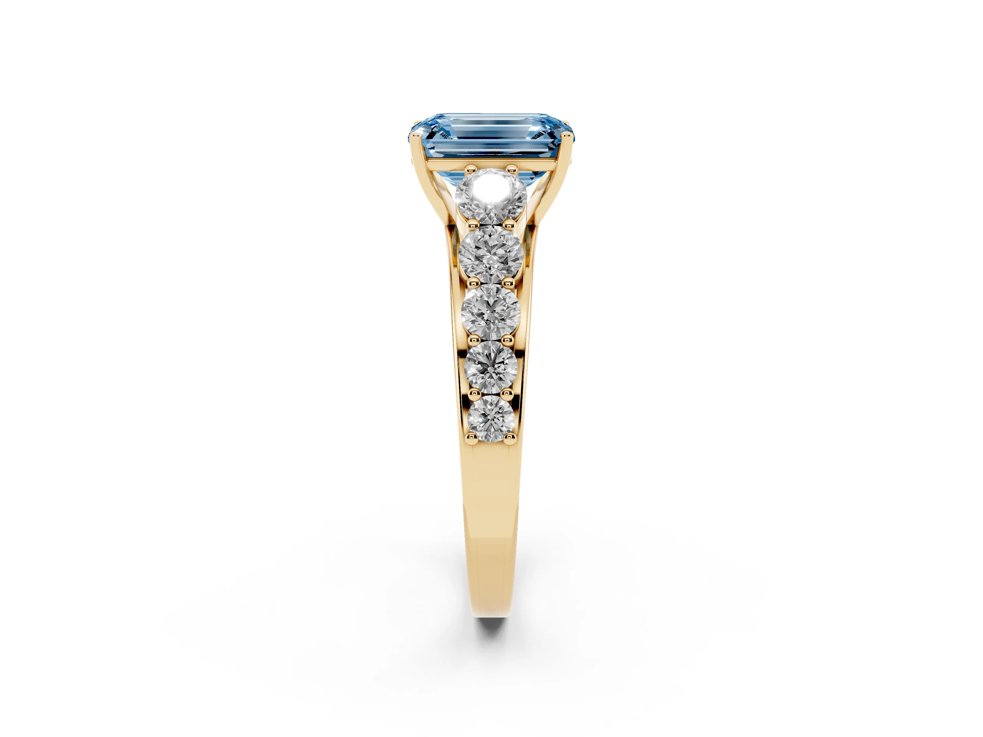 Fancy Blue Emerald Cut Diamond Solitaire Ring Set in Yellow gold with Pavé-Set Band and Prong Setting
