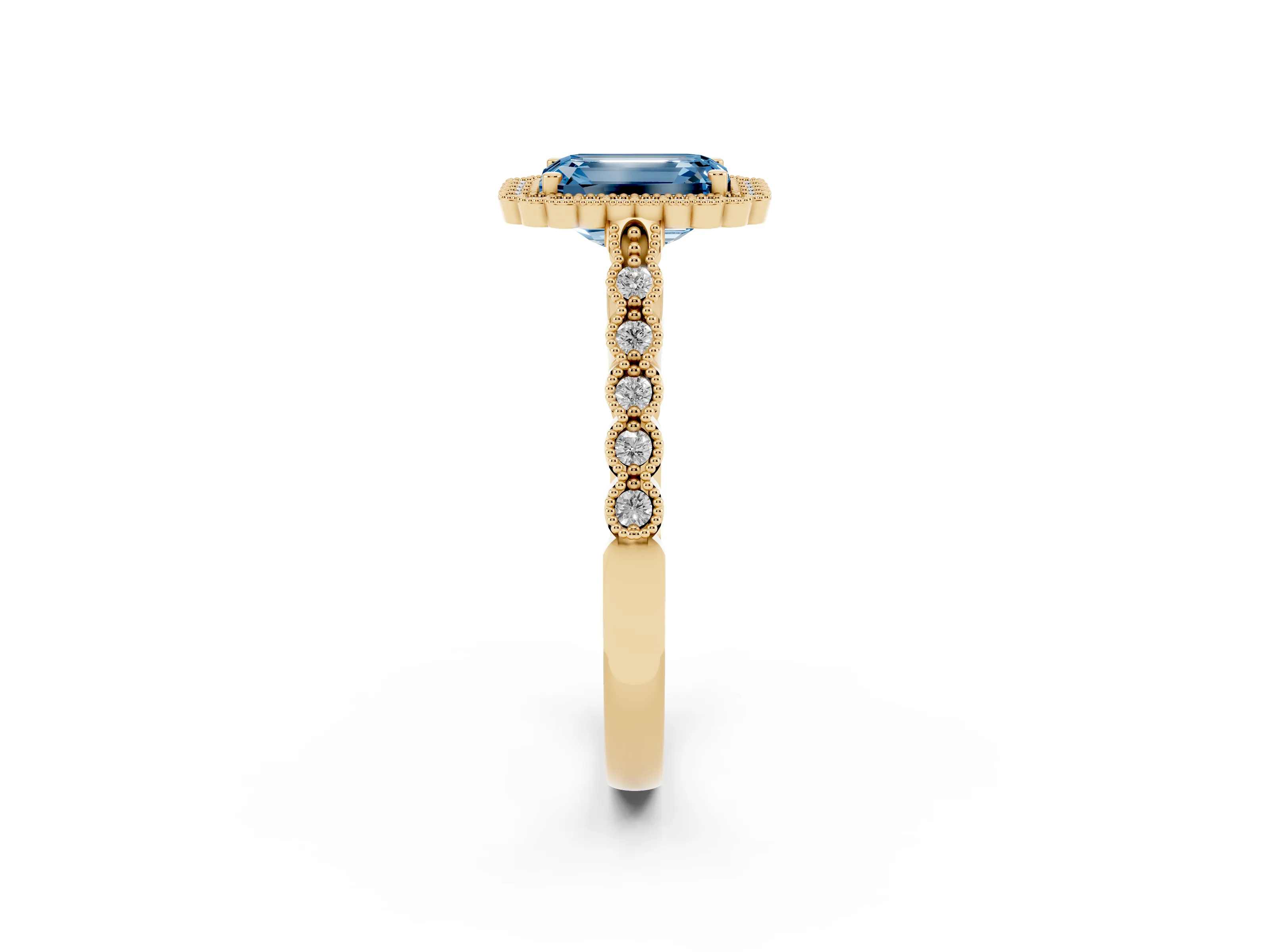 Fancy Blue Emerald Cut Diamond Halo Ring Set in Yellow gold with Pavé Milgrain Band