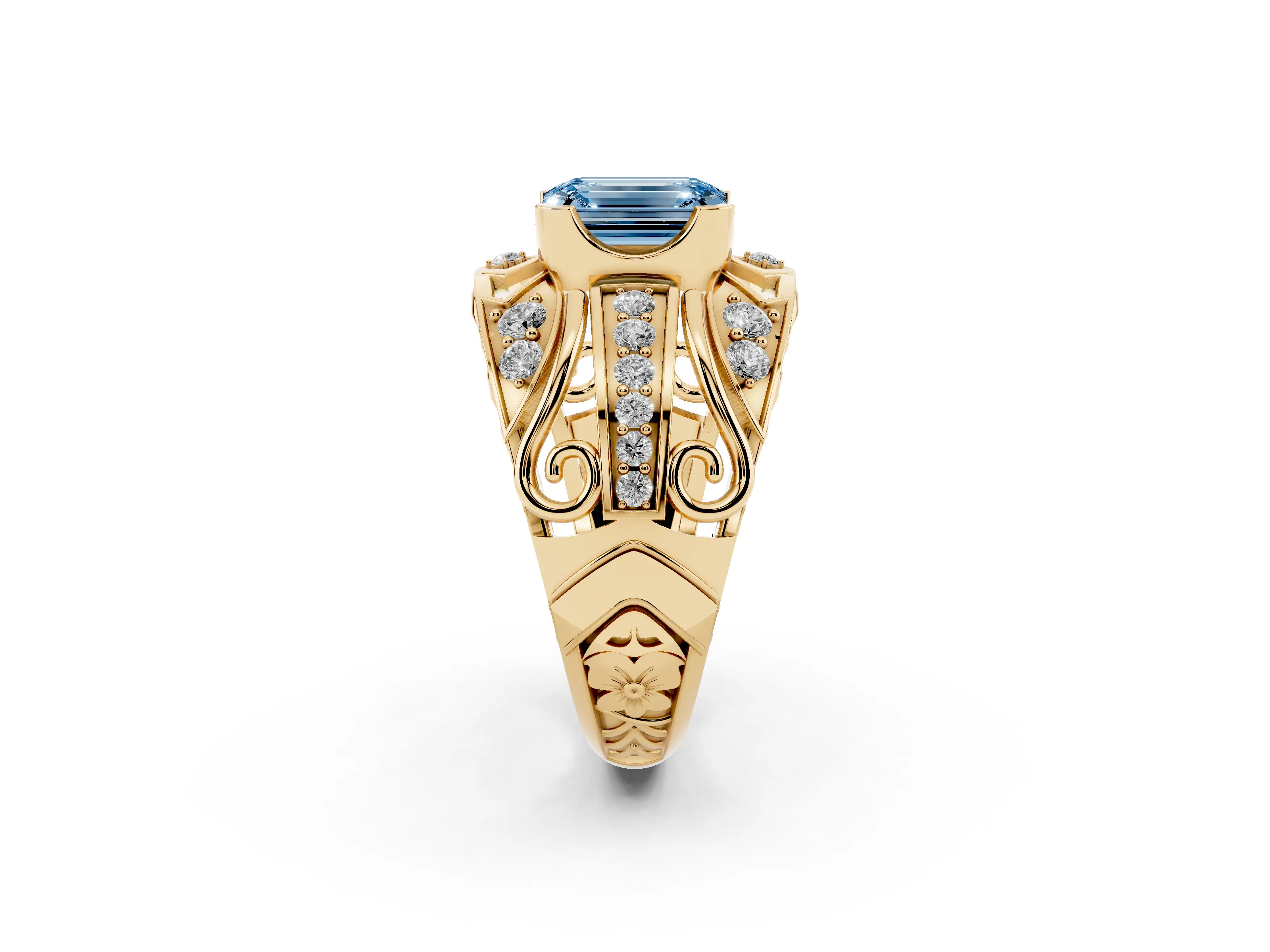 Fancy Blue Emerald Cut Diamond Art Deco Ring Set in Yellow gold with Pavé Split Shank