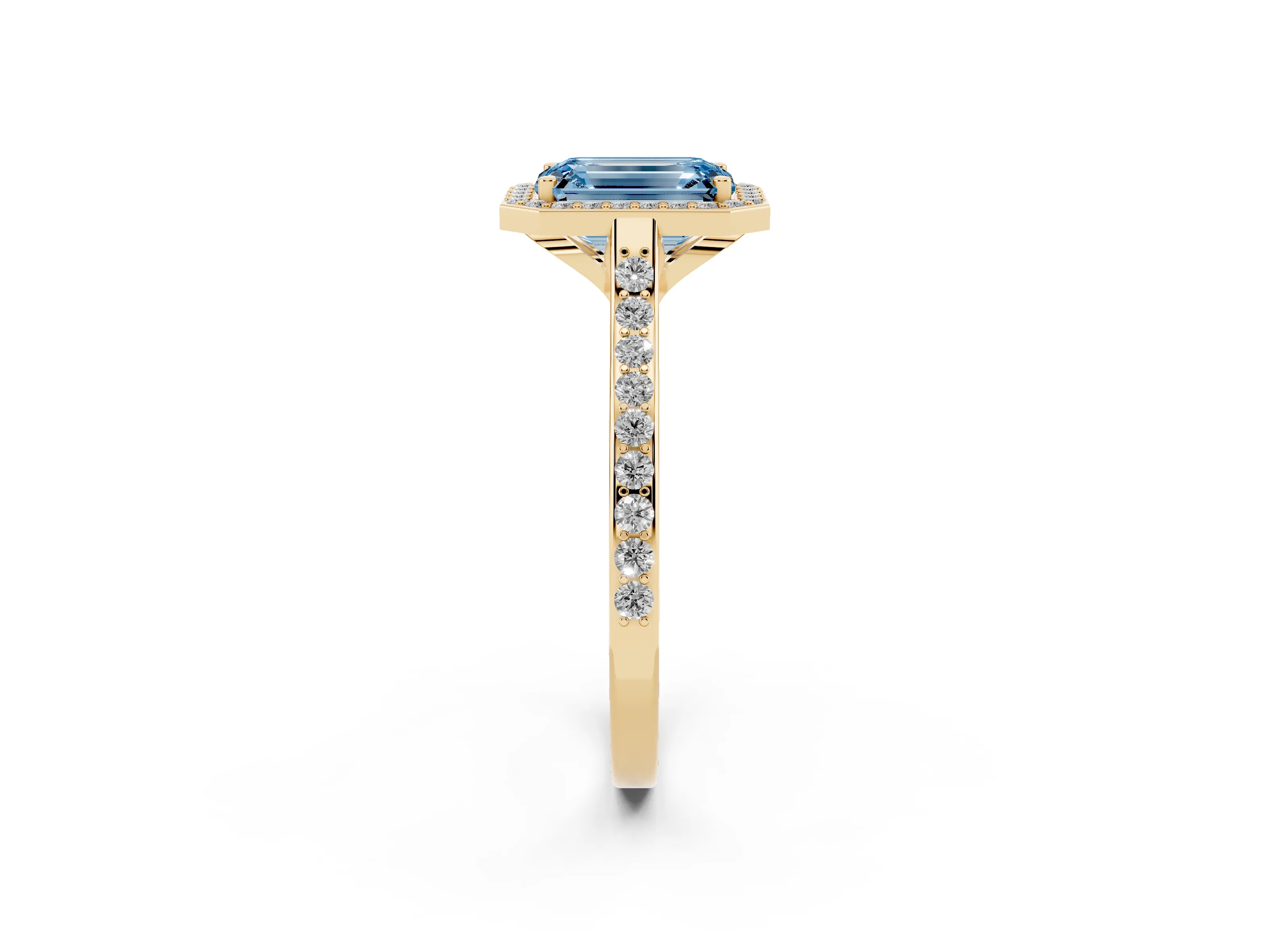 Fancy Blue Emerald Cut Diamond Halo Engagement Ring Set in Yellow gold with Round Pavé Shoulders and Heart Gallery