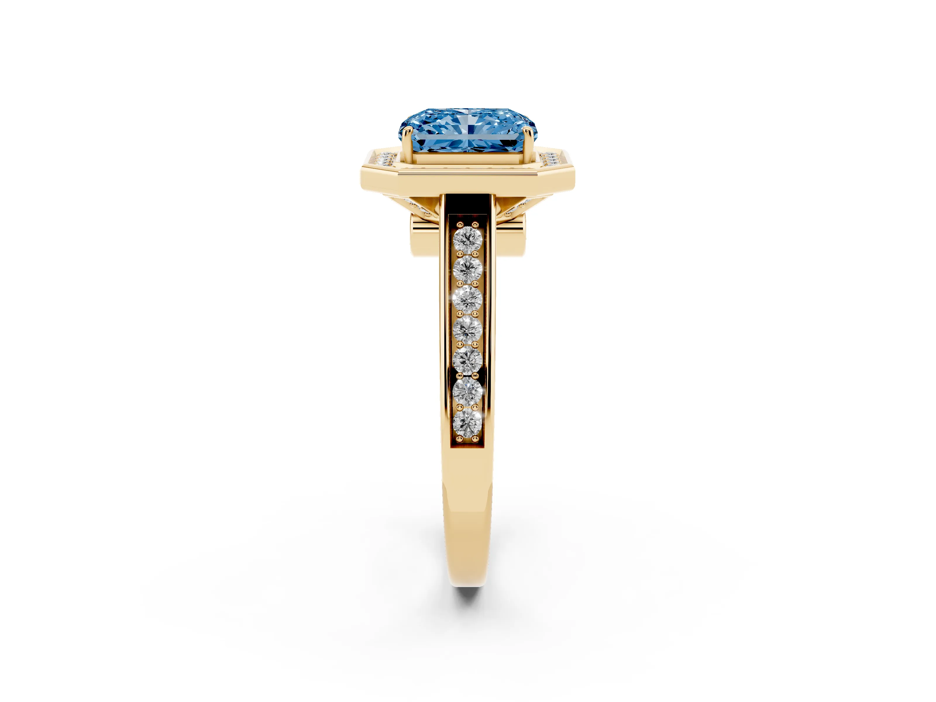 Fancy Blue Emerald Cut Diamond Halo Solitaire Ring Set in Yellow gold with Pavé Band and Bezel Setting